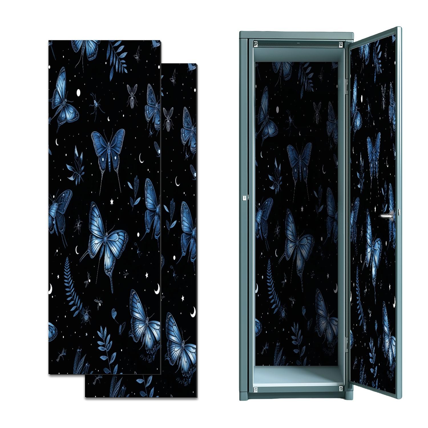 2 Pcs Locker Magnetic Wallpaper Blue Butterflies Floral Stars Black 12" x 36" Wall Magnetic Sticker Removable Locker Accessories Decor Easy Install for Office School
