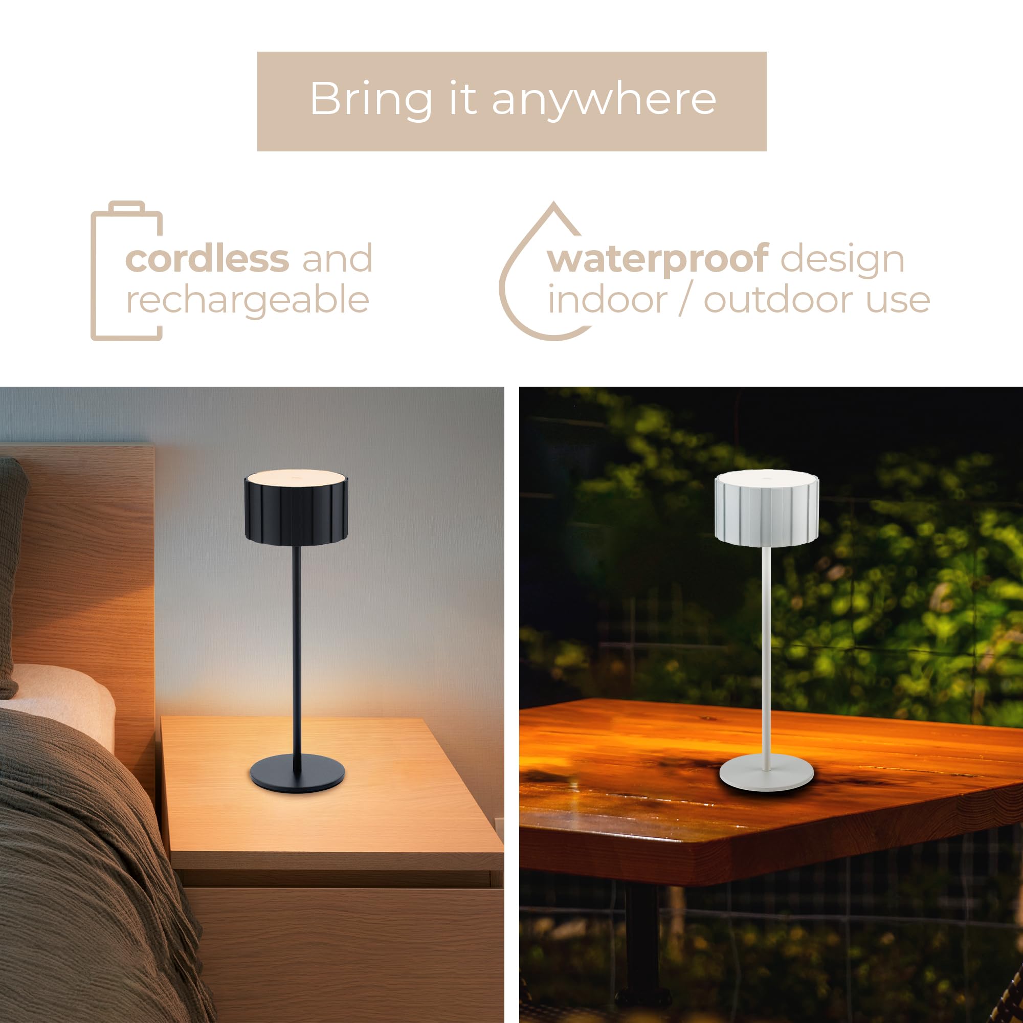 Cog LED Lampe de bureau rechargeable sans fil USB-C 5200 mAh avec 3 températures de couleur 2700 K-3000 K-3500 K et touche marche/arrêt du bout des doigts avec variateur d'intensité Noir
