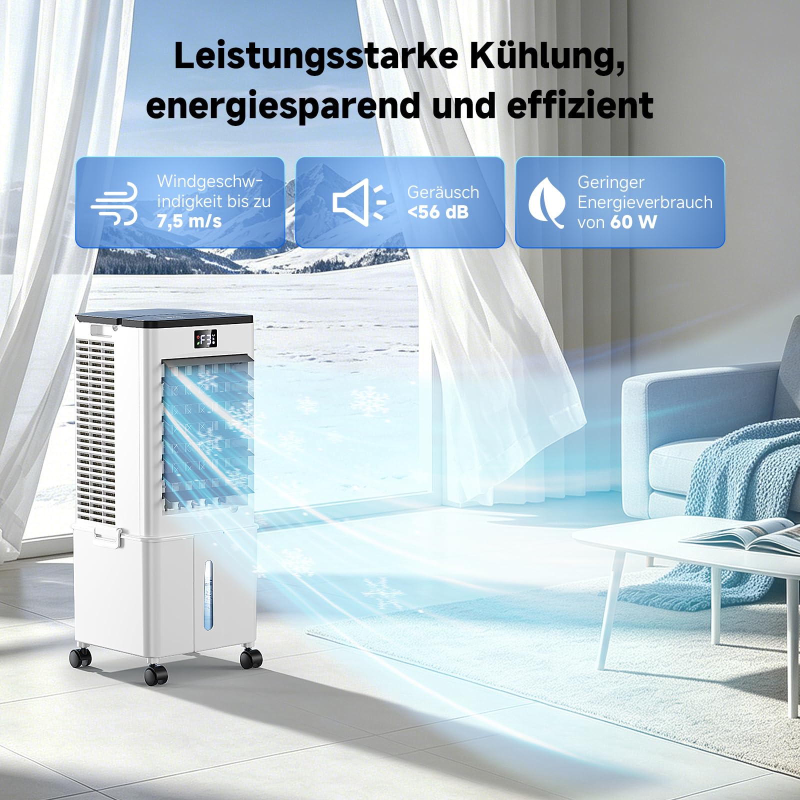Mobile Klimaanlage ohne Abluftschlauch 10L Luftkühler 60W 4-in-1 Verdunstungskühler 12H Timer 4 Modi 120° Oszillation Abnehmbarer Wassertank Tiefschwarz