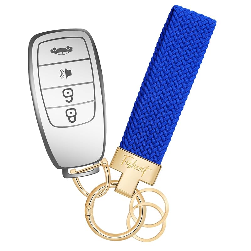 Chaveiro automotivo elástico Fishent em nylon trançado, com 3 argolas, argola D e mini chave de fenda, Clein Blue