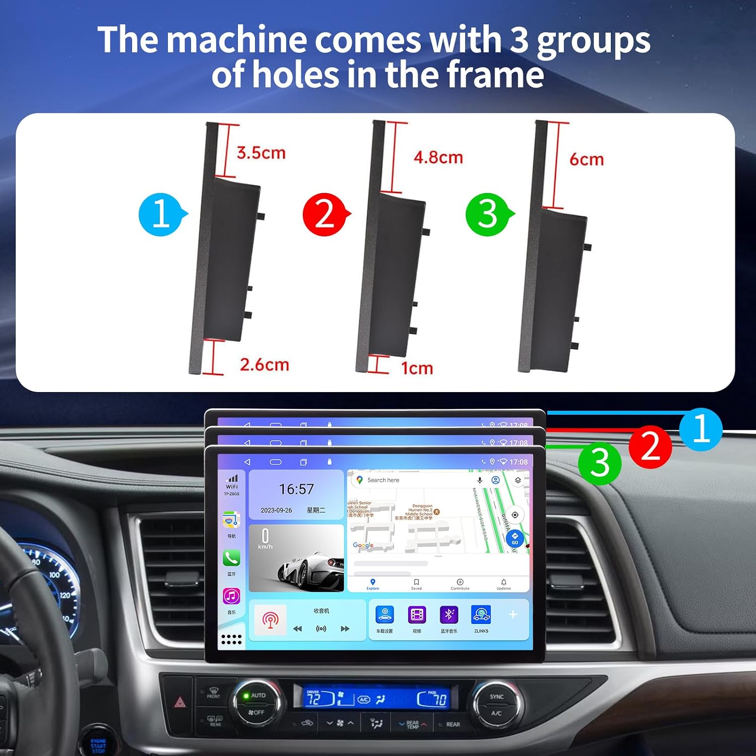 All components included in the KiriNavi car radio package, laid out on a white surface.