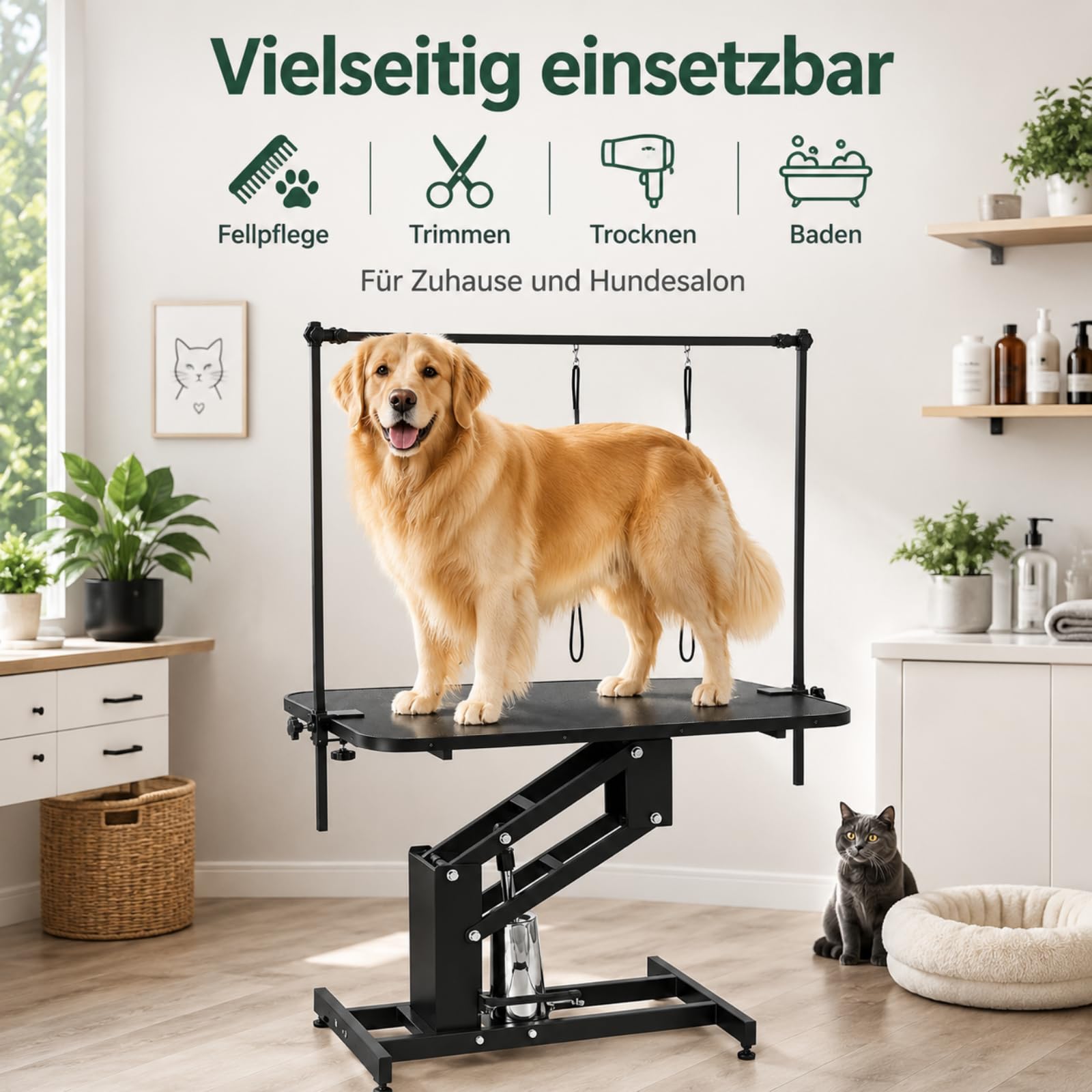 Hundepflegetisch hydraulisch, höhenverstellbarer Trimmtisch Hund 57–98 cm, 110 × 60,8 cm Pflegetisch für große Hunde, rutschfeste PVC-Oberfläche, 3 Nylon-Halteschlaufen, Schwarz
