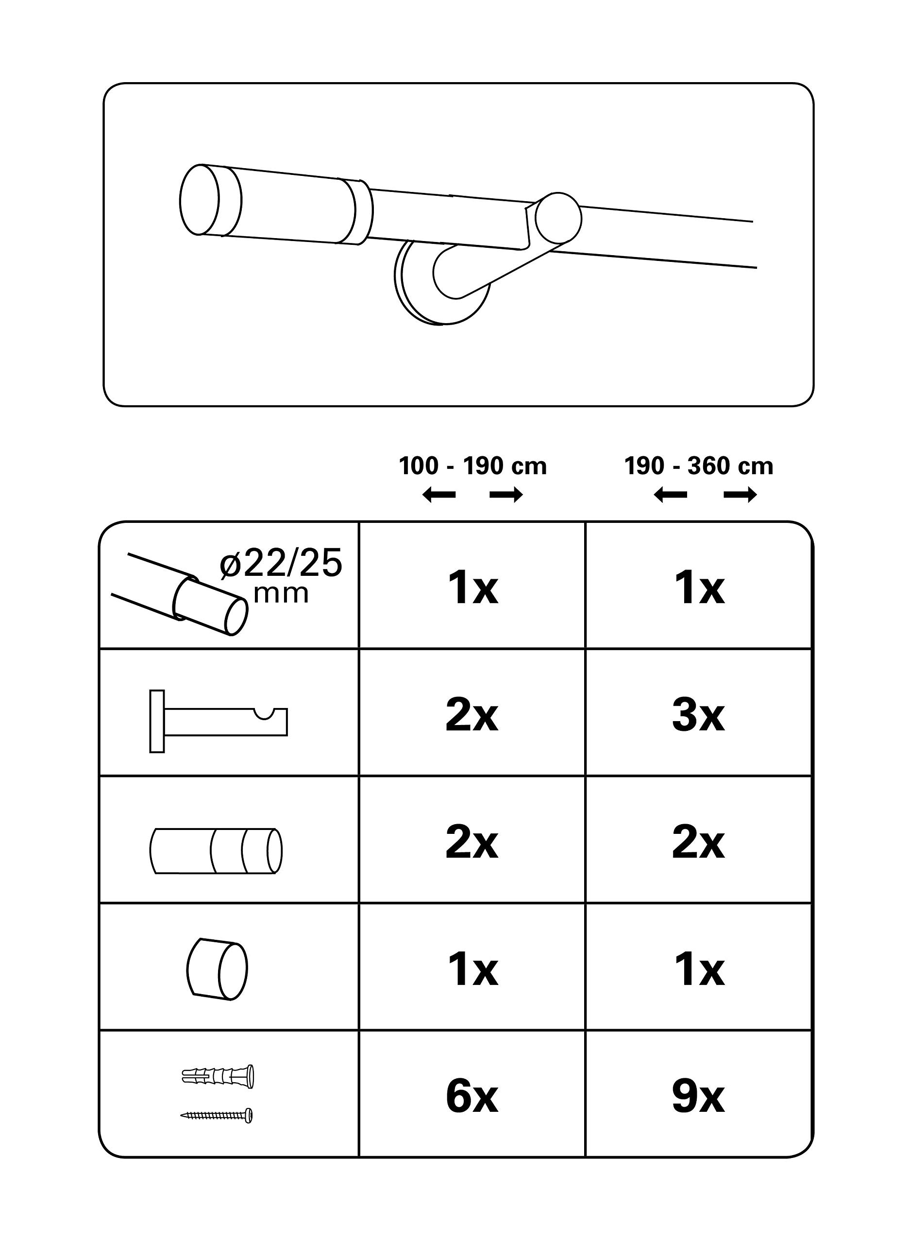 GARDINIA Set de barras de cortina, 1 barra, Cylinder, Ø 22/25 mm, 100-190 cm, Metal, Acabado de Acero Inoxidable