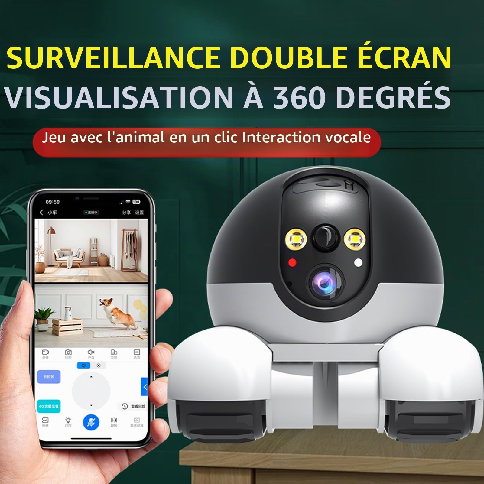 Caméra pour Animaux de Compagnie ,Caméras Mobile D'intérieur 1080P,2 Voies de Communication,Détection de Mouvement,Vision Nocturne,Caméra Mobile sans fil avec Télécommande APP pour Chats et Chiens