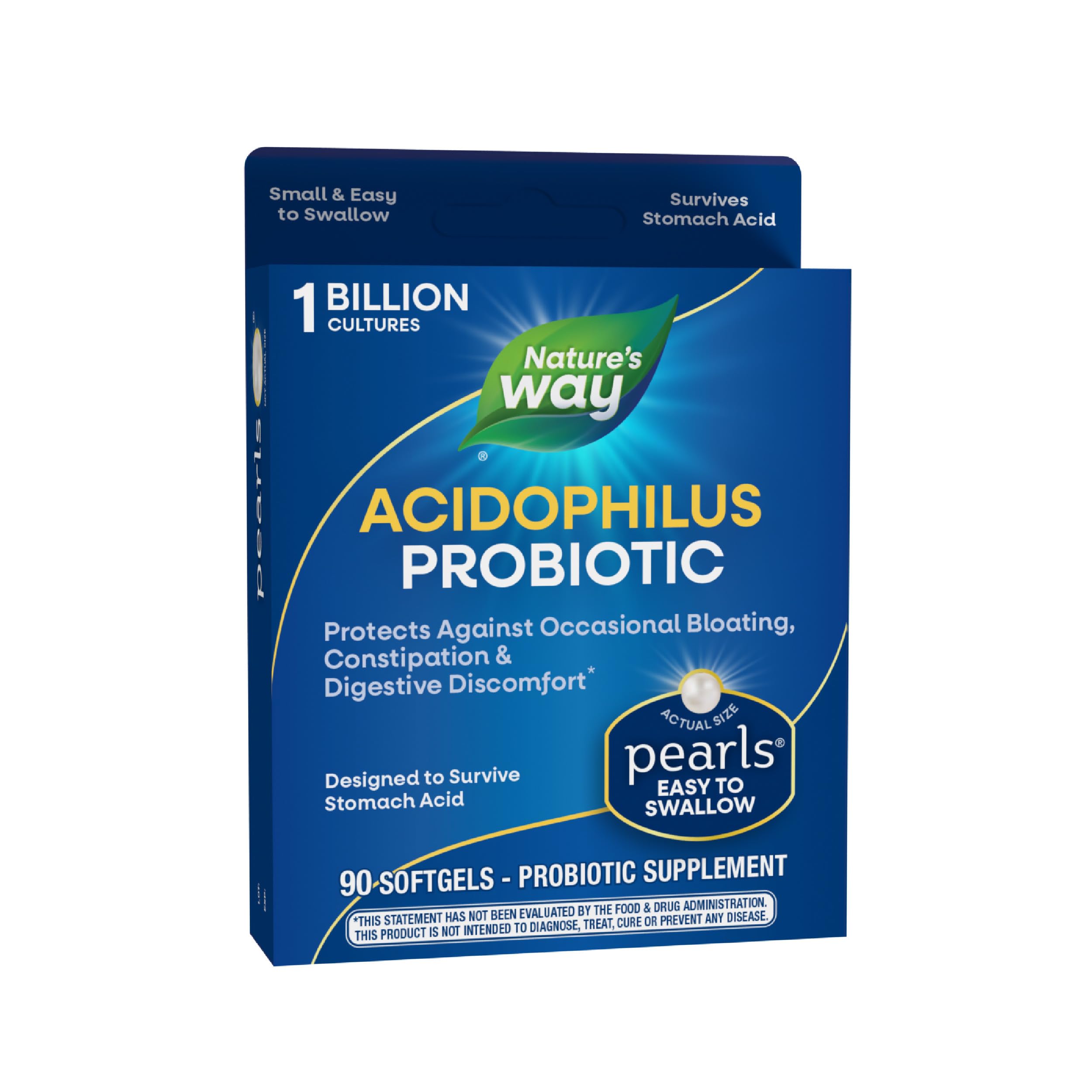 Nature's Way Acidophilus Probiotic Pearls, Supports Digestive Balance & Gut Health, Reduce Occasional Constipation and Bloating*, 1 Billion Cultures, 90 Softgels