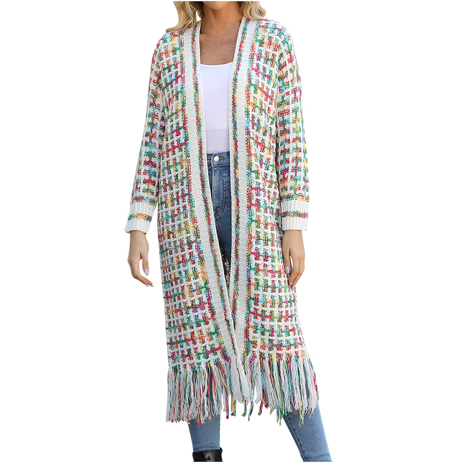 Long Cardigan Sweaters for Women Vintage Boho Open Front Knit Sweaters Casual Fringed Tassels Colorful Cardigan