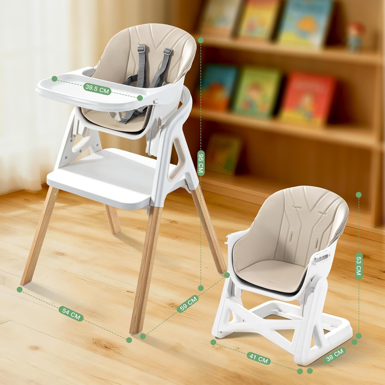 Baby High Chair, Babies and Toddlers Convertible Slim High Chair with 6 Growing Stages from Infant to Toddler Seating with Removable Tray, Easy to Clean,Beige Cushion