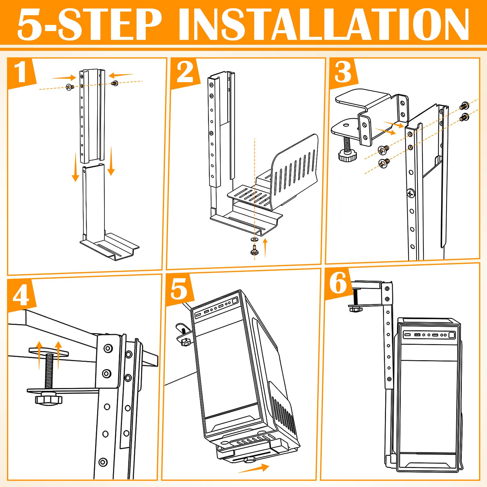 Hicarer PC-Halterung, kompatibel mit Desktop-Tower-Halterung, verstellbar, schwarz, Stahlhalterung für Zuhause, Büro, ohne Bohren, 34 bis 54 cm, Höhe 15 bis 25 cm, Breite 15 cm