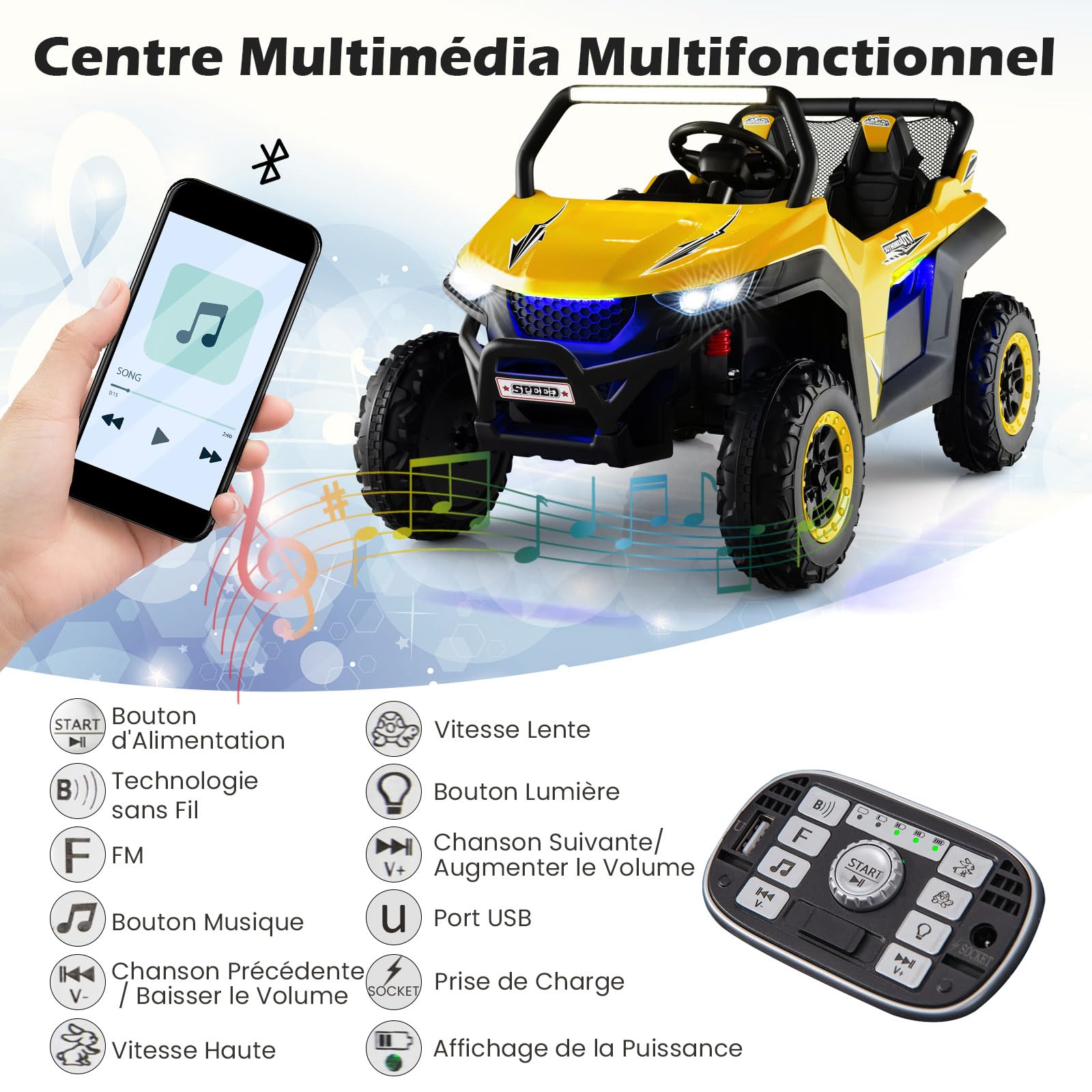 DREAMADE Voiture Électrique 12V pour Enfant, 2 Modes de Conduite, avec Télécommande Effets Sonores Lumineux, Véhicule Tout Terrain avec 2 Sièges pour Enfant 3-8 Ans, Charge 59kg, 118x74x71cm (Jaune)