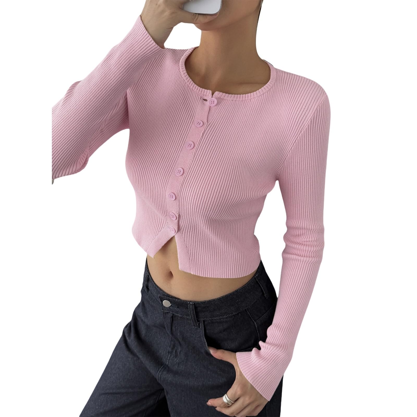 Cardigan Femme Court en Côtes Tricoté Casual Veste Chandail à Boutons Manches Longues Style Street Chic