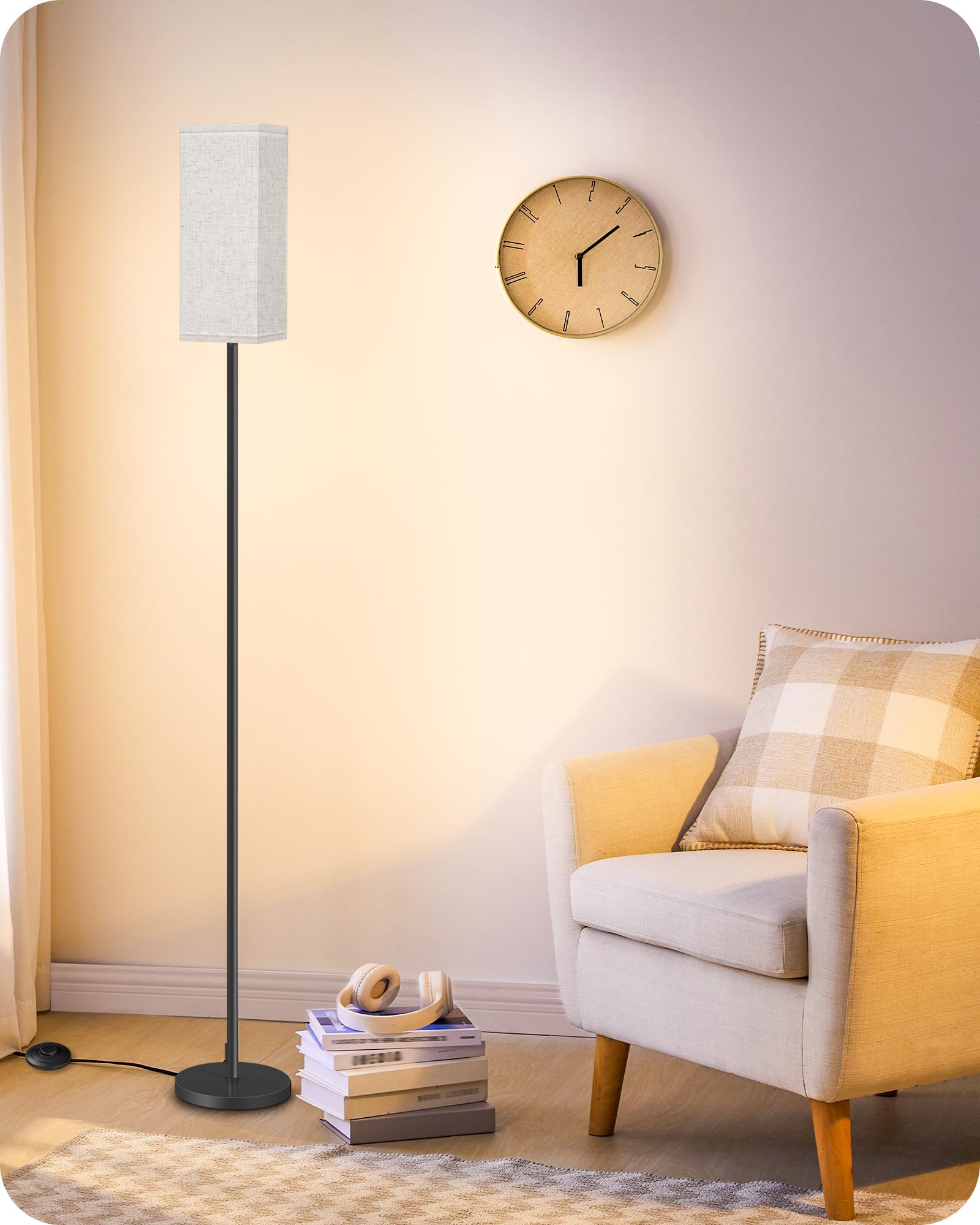 Floor Lamp, Pole Lamp with Foot Switch, Modern Standing Lamp Lampshade, Minimalist Freestanding Lamp (Bulb Not Included), for Living Room, Bedroom Office FCC Listed, Black and Beige E07LD05