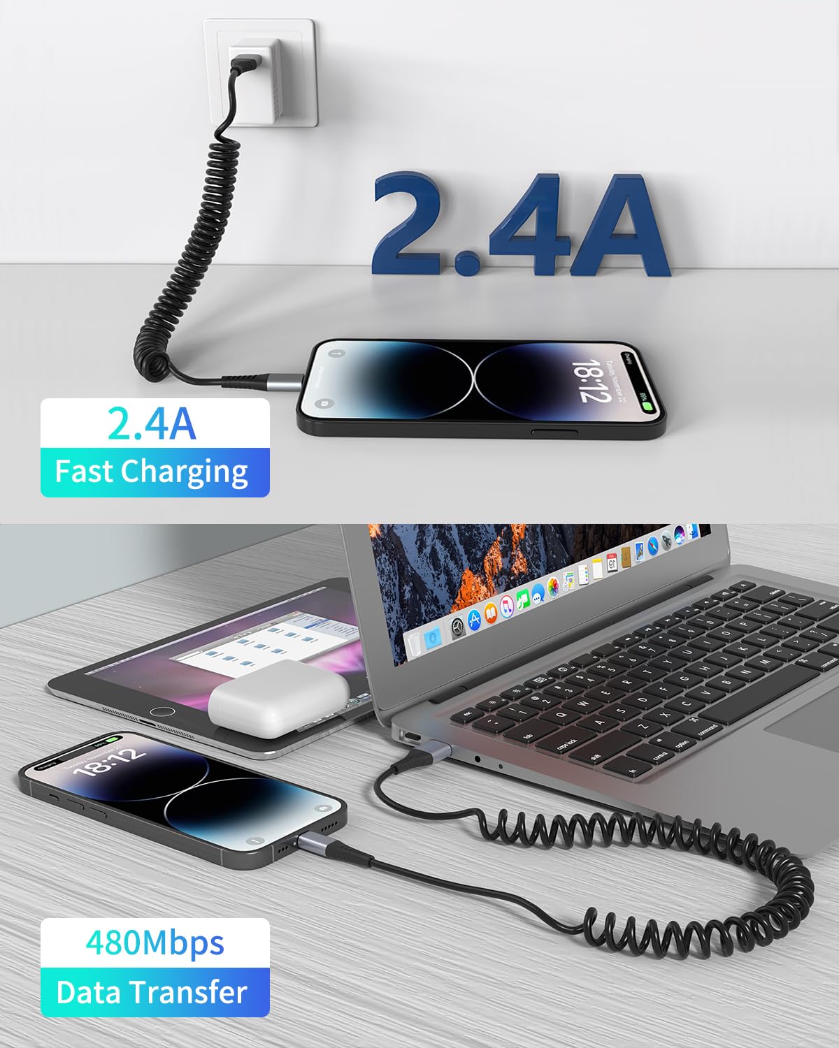 Coiled Lightning Cable, 2 Pack Coiled iPhone Charger Cable for Car Short Retractable iPhone Lightning Cable Compatible with Apple CarPlay iPhone 14 13 12 11 Pro Max Mini 10 8 Plus XR SE, AirPods Coiled Lightning Cable, 2 Pack Coiled iPhone Charger Cable for Car Short Retractable iPhone Lightning Cable Compatible with Apple CarPlay iPhone 14 13 12 11 Pro Max Mini 10 8 Plus XR SE, AirPods