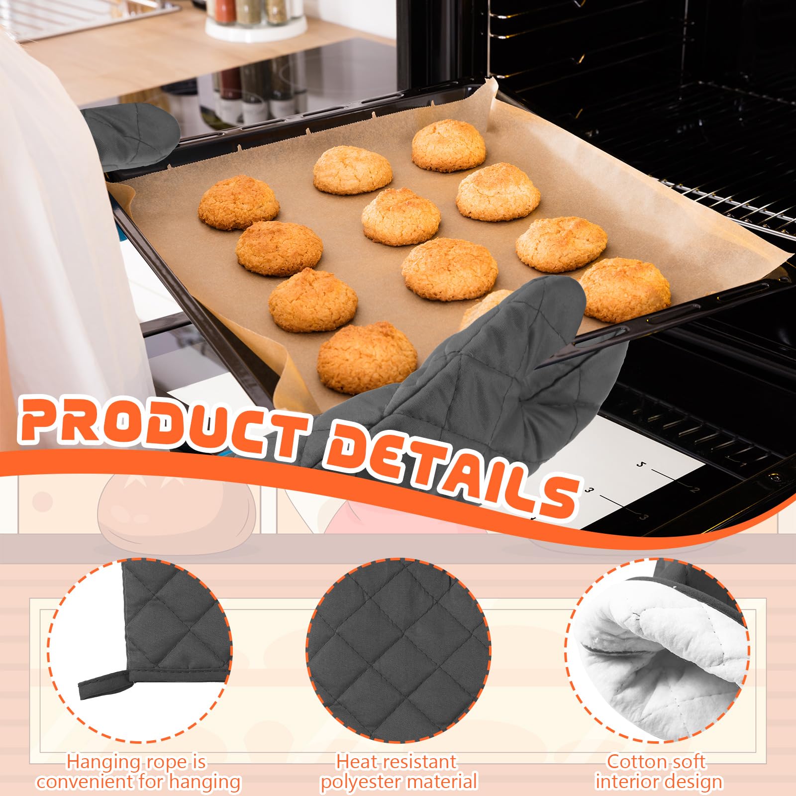 Lot de 6 paires de gants de cuisine résistants à la chaleur de 27,9 cm de long en coton et polyester matelassé pour cuisine, pâtisserie, barbecue, gris anthracite