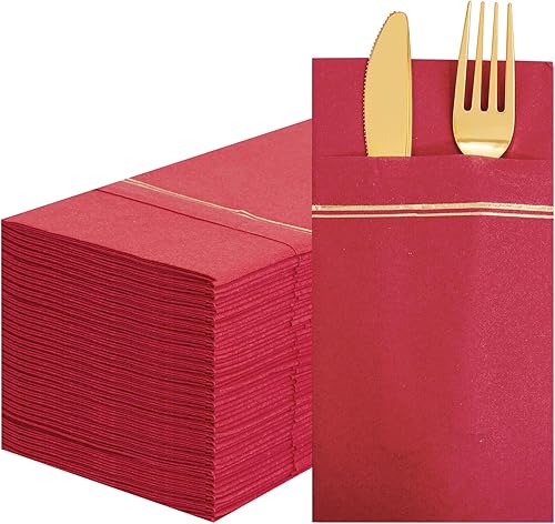 Nervure 100 servilletas de papel rojo con bolsillo integrado para cubiertos, tela preplegada roja y dorada como servilletas desechables, servilletas