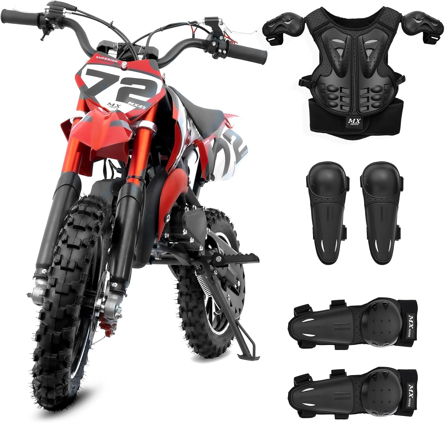 Kids Gas Dirt Bike 49cc 2-Stroke Mini Dirt Bike Off-Road Gas Powered with Suspension Brakes 24 MPH, with Motocross Armor Jacket, Red