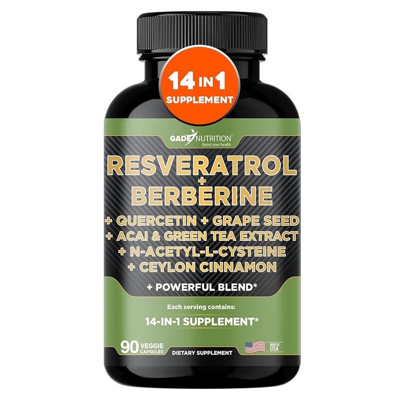 GADE NUTRITION BOOST YOUR HEALTH Suplemento de Resveratrol, Berberina, Quercetina, Extrato de Semente de Uva, Extrato de Chá-Verde, N-acetil-L-cisteína, Açaí e Canela-do-Ceilão, 90 cápsulas