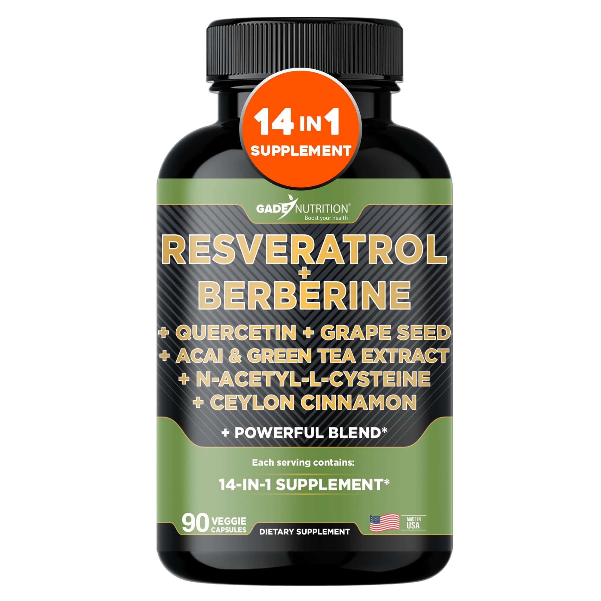 Gade Nutrition Resveratrol Berberine Quercetin Grape Seed Extract Green Tea Extract N-Acetyl Cysteine - 14 in 1 Complex Supplement for Women & Men with Potent Antioxidants - Made in USA