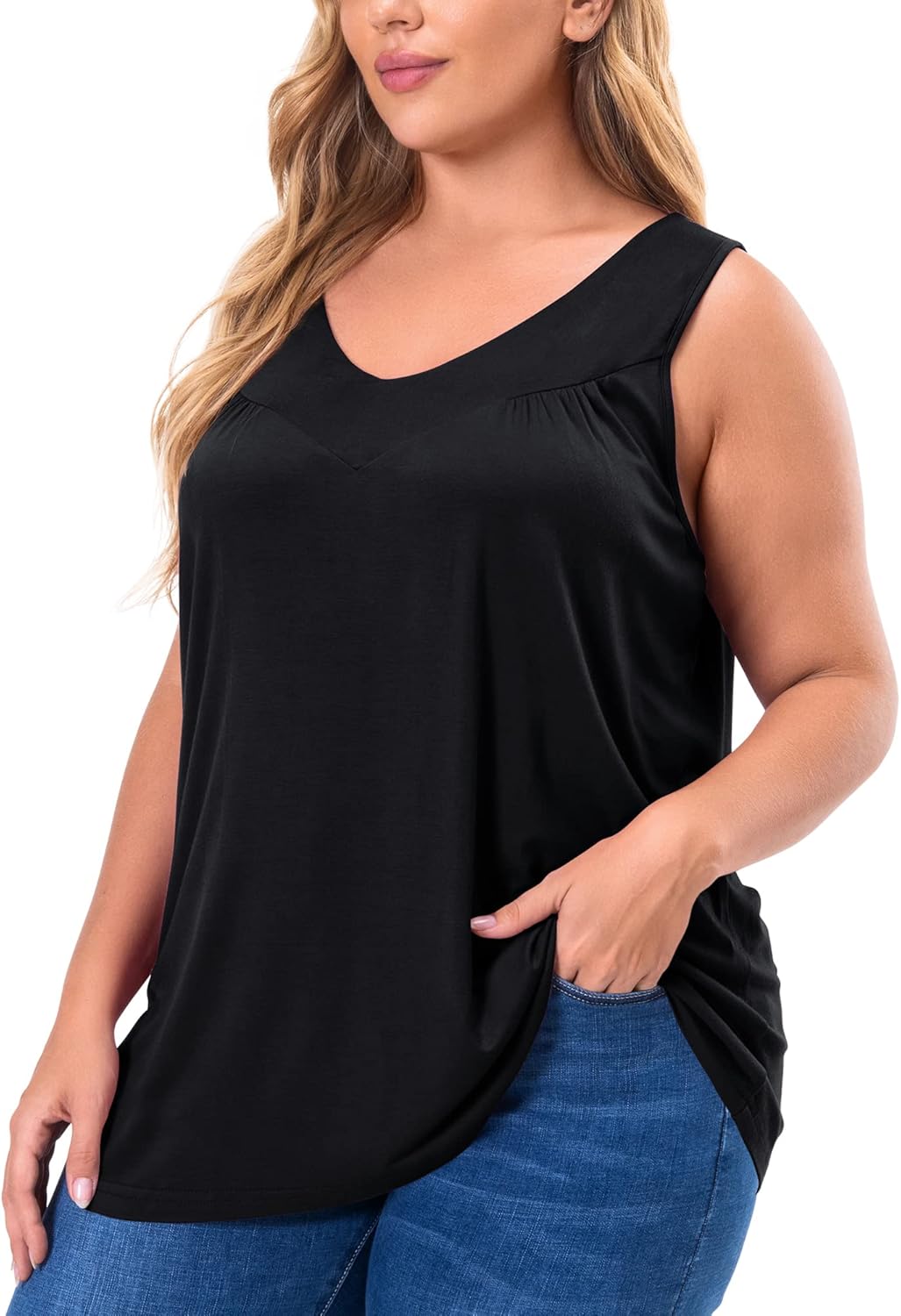 AYIFU Womens Plus Size Tunic Tank Tops Sleeveless Pleated Front V Neck Shirts - Image 3