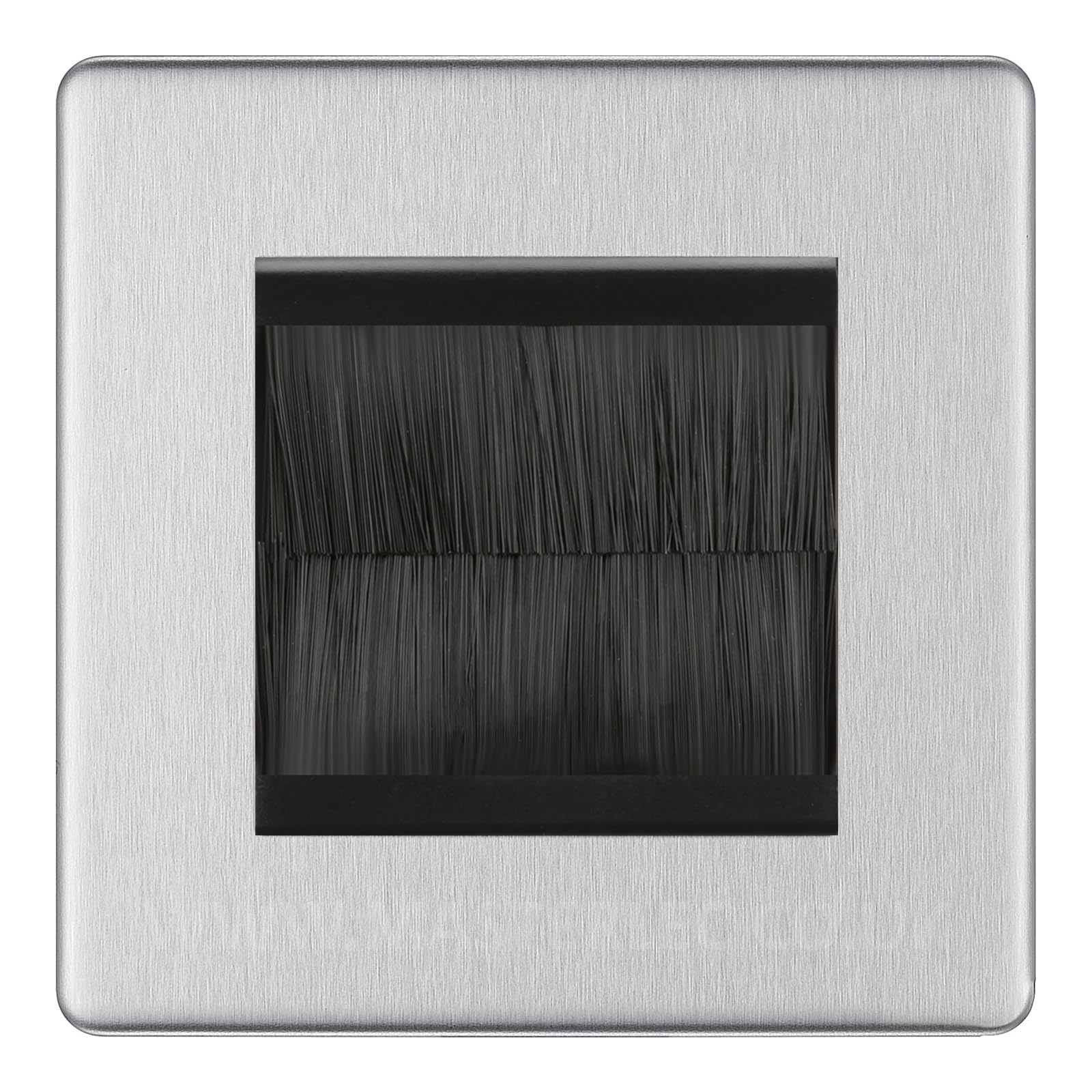 BG Screwless Brushed Steel Single 2 Gang Brush Cable Entry Wall Plate Black Insert Square