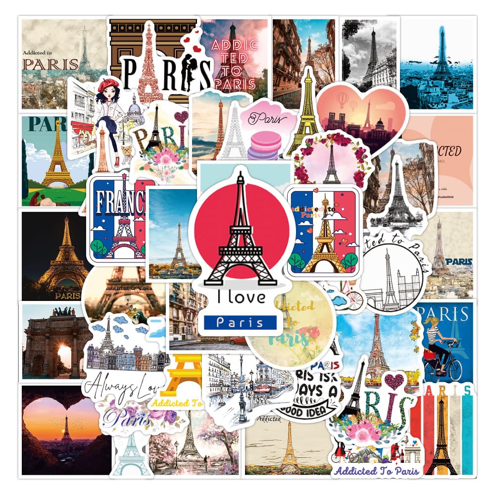 Pegatinas 50 Piezas Paris,Impermeable Vinilo Aesthetic Stickers,para Portátiles Automóviles Motocicletas Monopatines Botella Agua Móvil,Adecuado para niños y adolescentes Pegatinas …