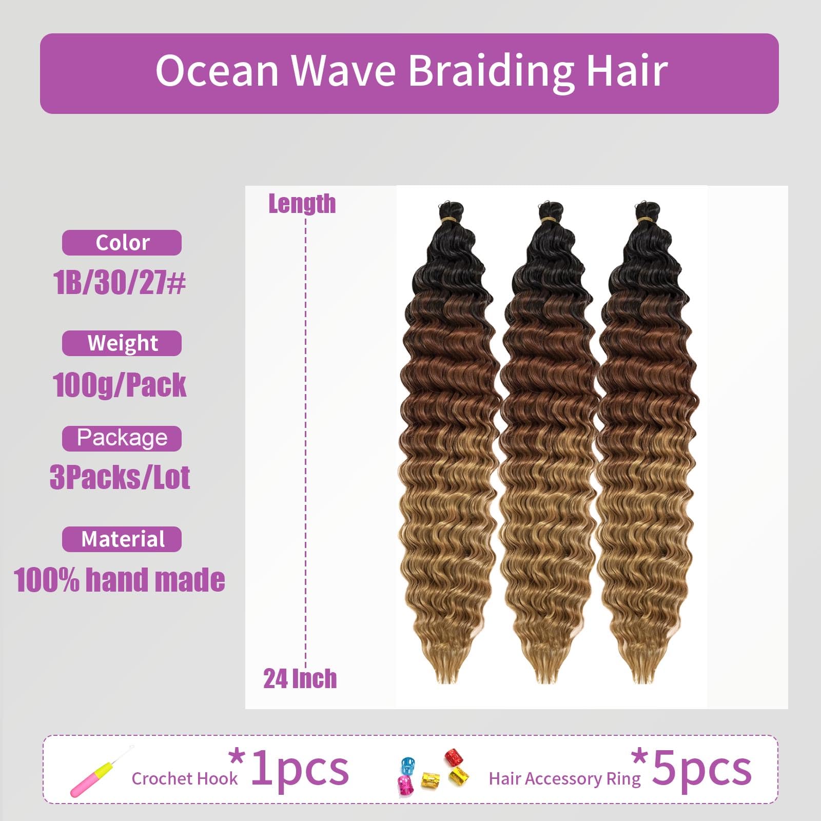 Ocean Wave Crochet Hair 3Packs Deep Wave Braiding Hair Curl Crochet Braiding Hair Extension Ocean Wave Braids Hair for women (1B/30/27# - Image 2