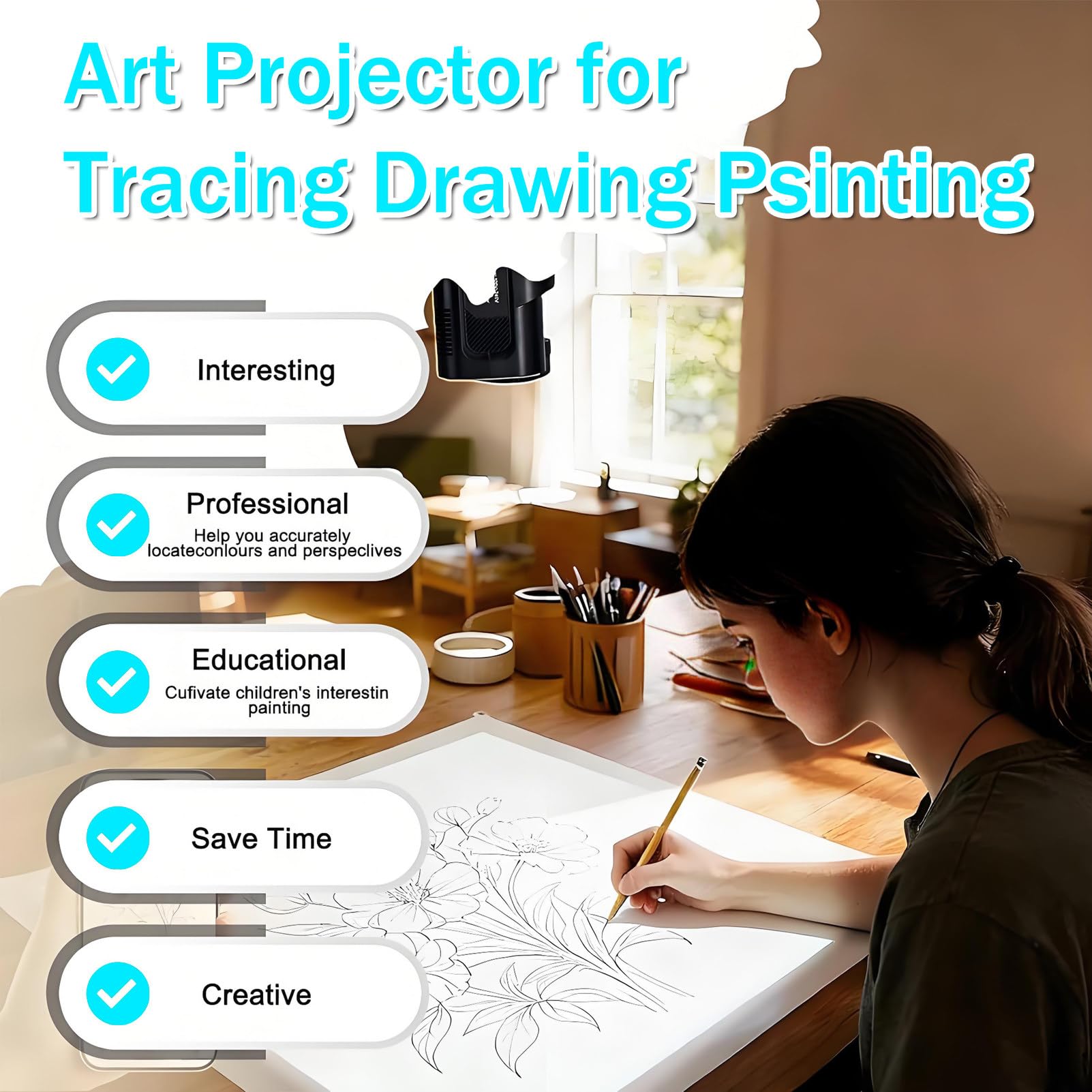 Proiettore Artistico Adatto ai Principianti, proiettore per Disegno e tracciamento Facile da Usare con connettività telefonica, Include Supporto per proiezione Stabile su Parete/Tavolo