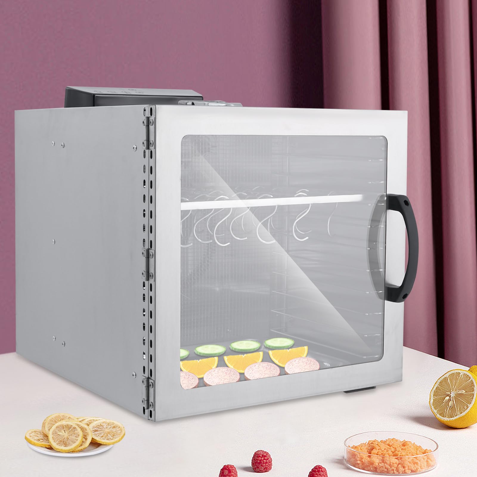 Deshidratador de alimentos de acero inoxidable, 10 pisos, 1000 W, para frutas y verduras, para el hogar, 42,5 l, gran volumen para familias, LED y control de tiempo