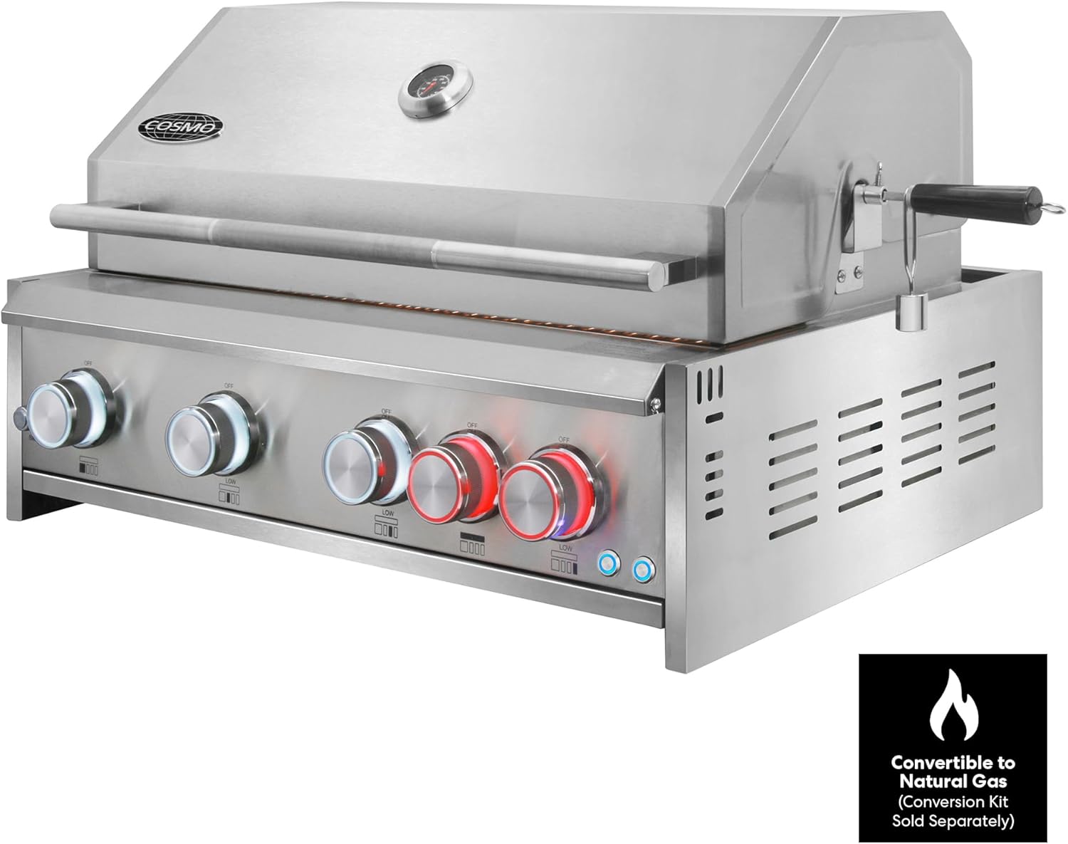 Cosmo COS-BGGN325K 32 in. Built-In 4 Burner Propane Gas Grill with Infrared Rotisserie, Knob LED Lighting in Stainless Steel