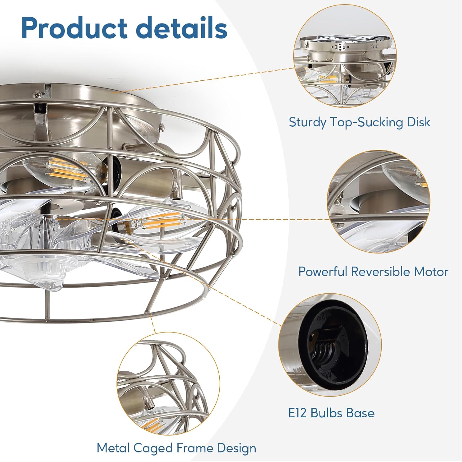Brushed Nickel Caged Ceiling Fans with Lights and Remote,6 Speeds,12 inch Industrial Flush Mount Ceiling Fan with Light, Modern Bladeless Fan Lights Ceiling Fixtures for Kitchen, Bedroom,Indoor