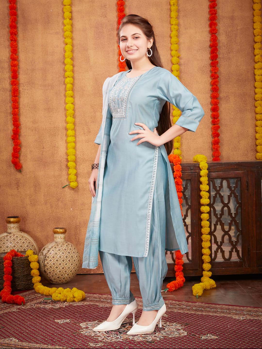 Aarika Girls Ethnic Wear Sky Blue Colour Sequin Thread Embroidery With Gota Work Silk Kurti Patiala Set (9-16 Years)