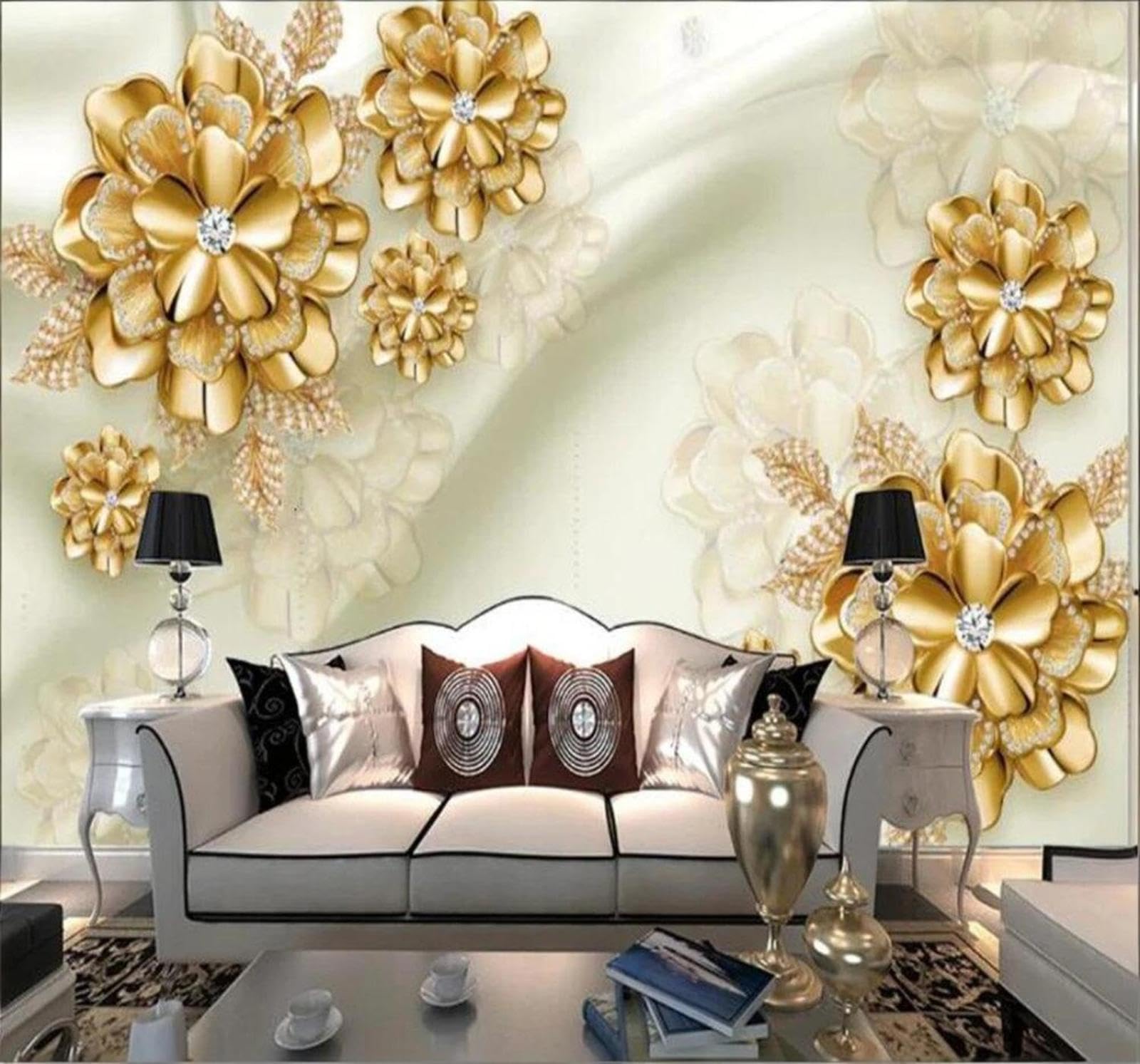 Wallpaper-3D-Xlm 300Cm×210Cm(B×H) Luxurious Golden Flowers Jewellery Silk 3D Wallpaper Easy Install Feature Office Living Room Sofa Bedroom Tv Background Wall Decoration-300Cm×210Cm