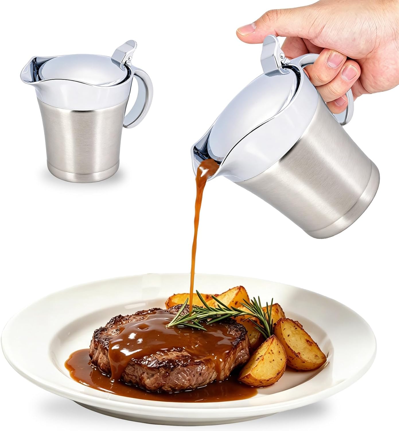 Stainless Steel Gravy Boat, Double Wall 304 Stainless Steel Thermal Gravy Pot Serving Jug (450ml)