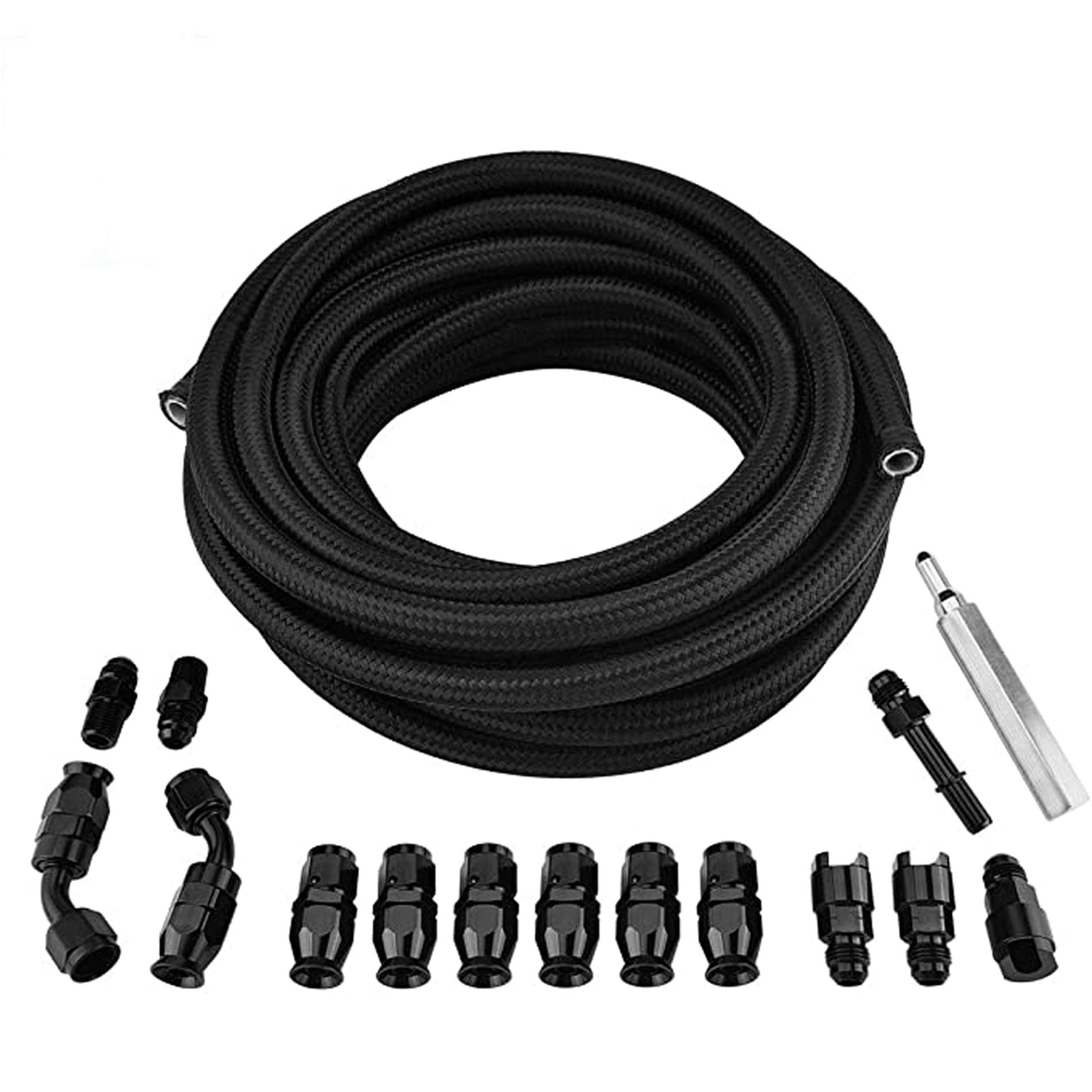 EVIL ENERGY6AN 3/8" PTFE LS Swap EFI Fuel Line Fitting Kit, E85 Nylon Braided Fuel Hose 25FT