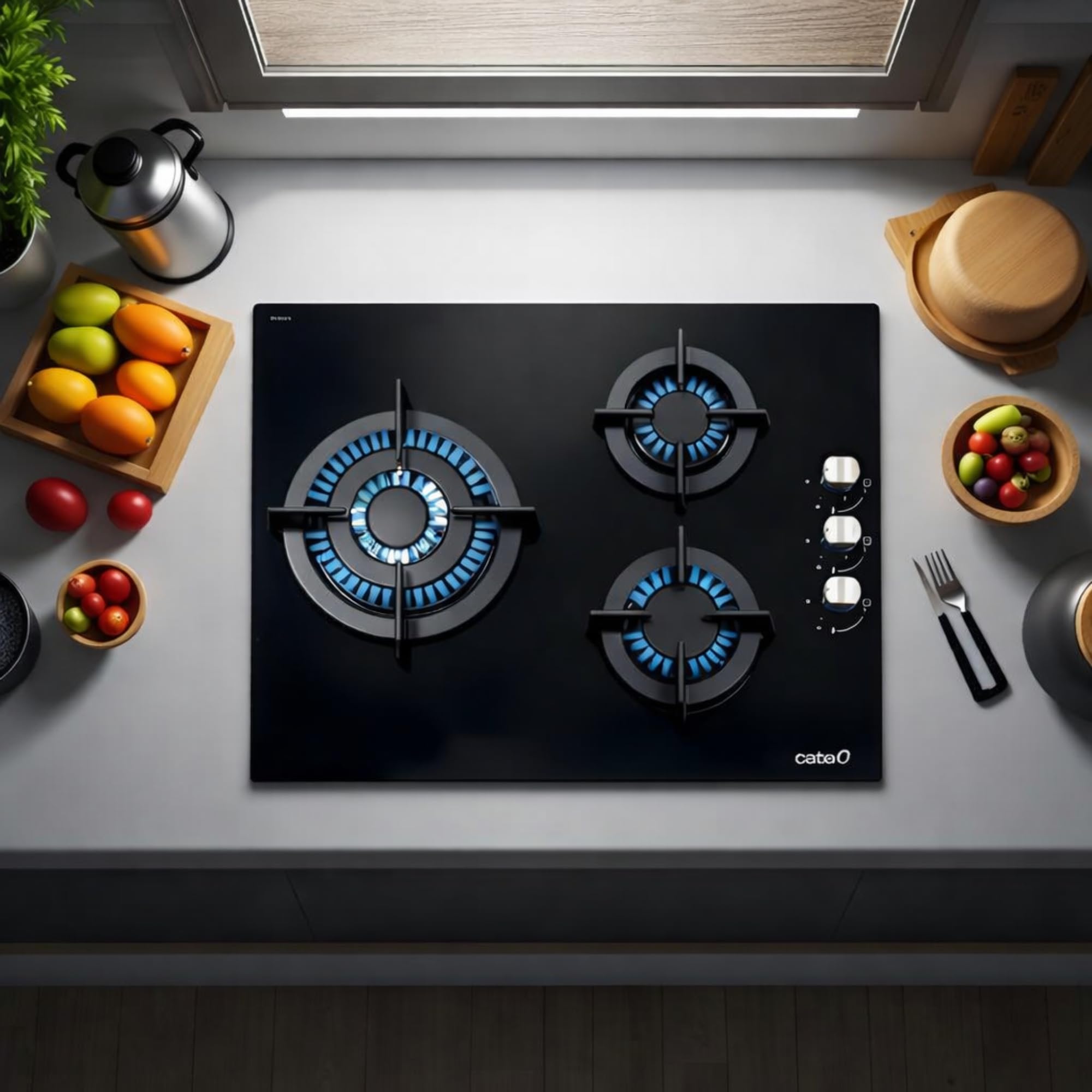 CATA CCI 5003 BK – Plaque de Cuisson gaz 3 foyers (3,5 KW Triple Couronne, 1,75 KW Semi-Rapide, 1 KW auxiliaire), Surface Verre Noir, grilles Fonte, Largeur 59 cm