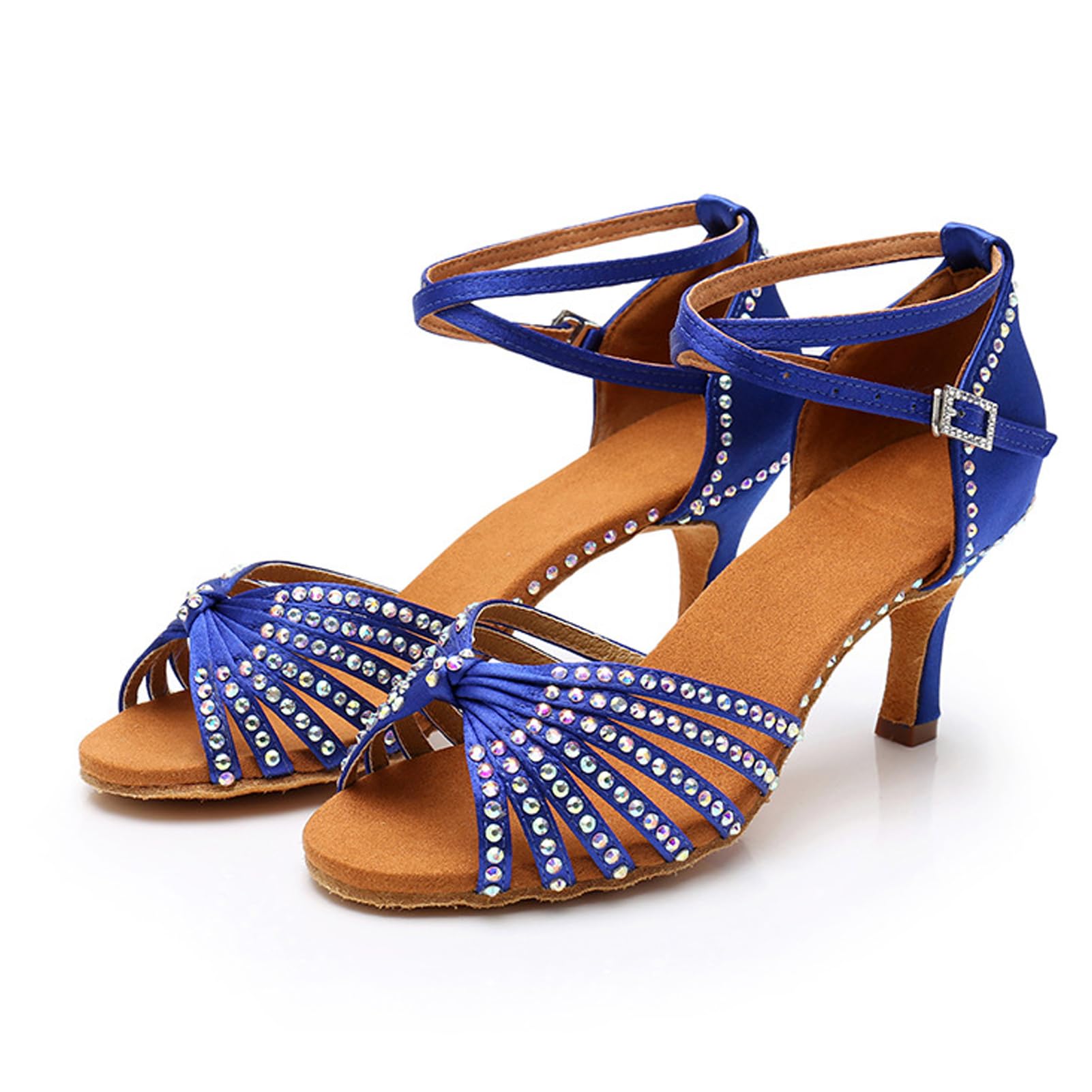 Nowe buty do tańca latynoskiego z diamentową wkładką dla kobiet dorosłych na środkowym obcasie miękka podeszwa buty do tańca wysokie obcasy z diamentowymi butami do tańca Cha-cha, A436 niebieski obcas