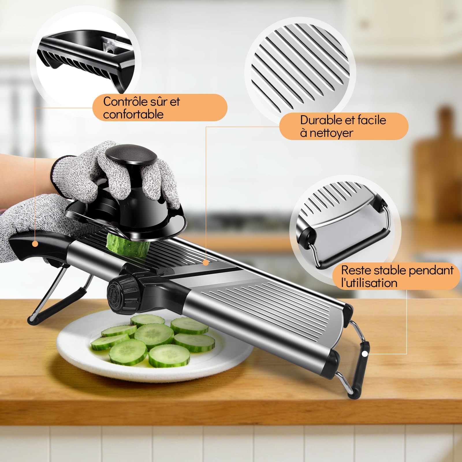 MASTERTOP Mandoline Réglable en Acier Inoxydable avec Lame Tranchante Intégrée, Coupe-Légumes Multifonctionnelle, Trancheuse Manuelle de Cuisine pour Fruits Aliments