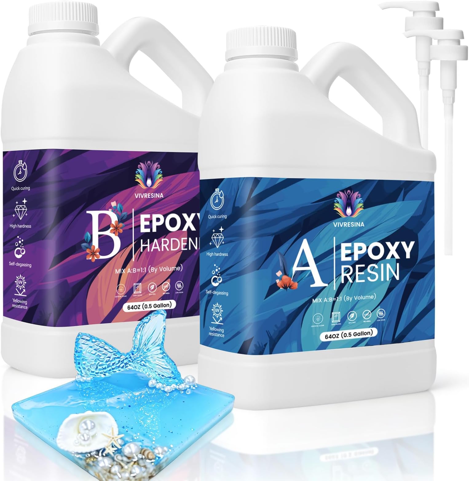 Vivresina Epoxy Resin Kit 1 Gallon, Resina Epoxica with Pump for Crafts | Crystal Clear Bubble Free Art Resin, No Yellowing Self-Leveling Food Safe for DIY Jewelry Making, Casting, Molds Mix 1:1