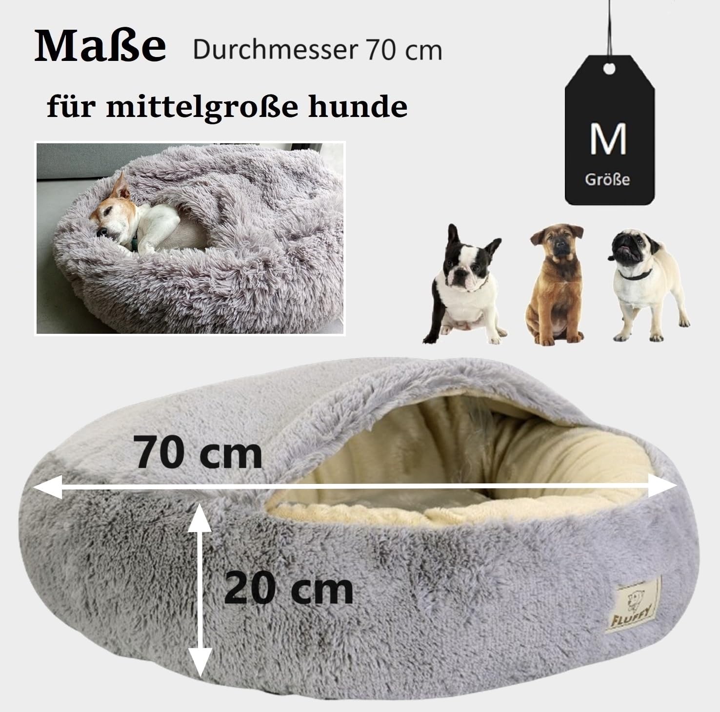 KING DOG Hundebett Ø 70 cm überdachtes Hundebett Katzenhöhle Donut-Bett Plüsch-Kunstfell-Nest Flauschiges Rundes Hundekissen Hundesofa Katzenbett für kleine mittelgroße Hunde