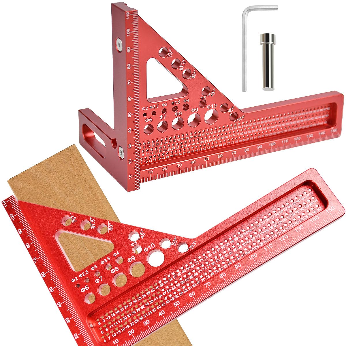 Xygobla Red 3D Speed Square, 22.5-90° Multi Angle Measuring Ruler With Angles Position Aid, Aluminium Multi-Purpose Woodworking Protractor Set Carpenters Square For Engineer, Carpenter, Diy Construction