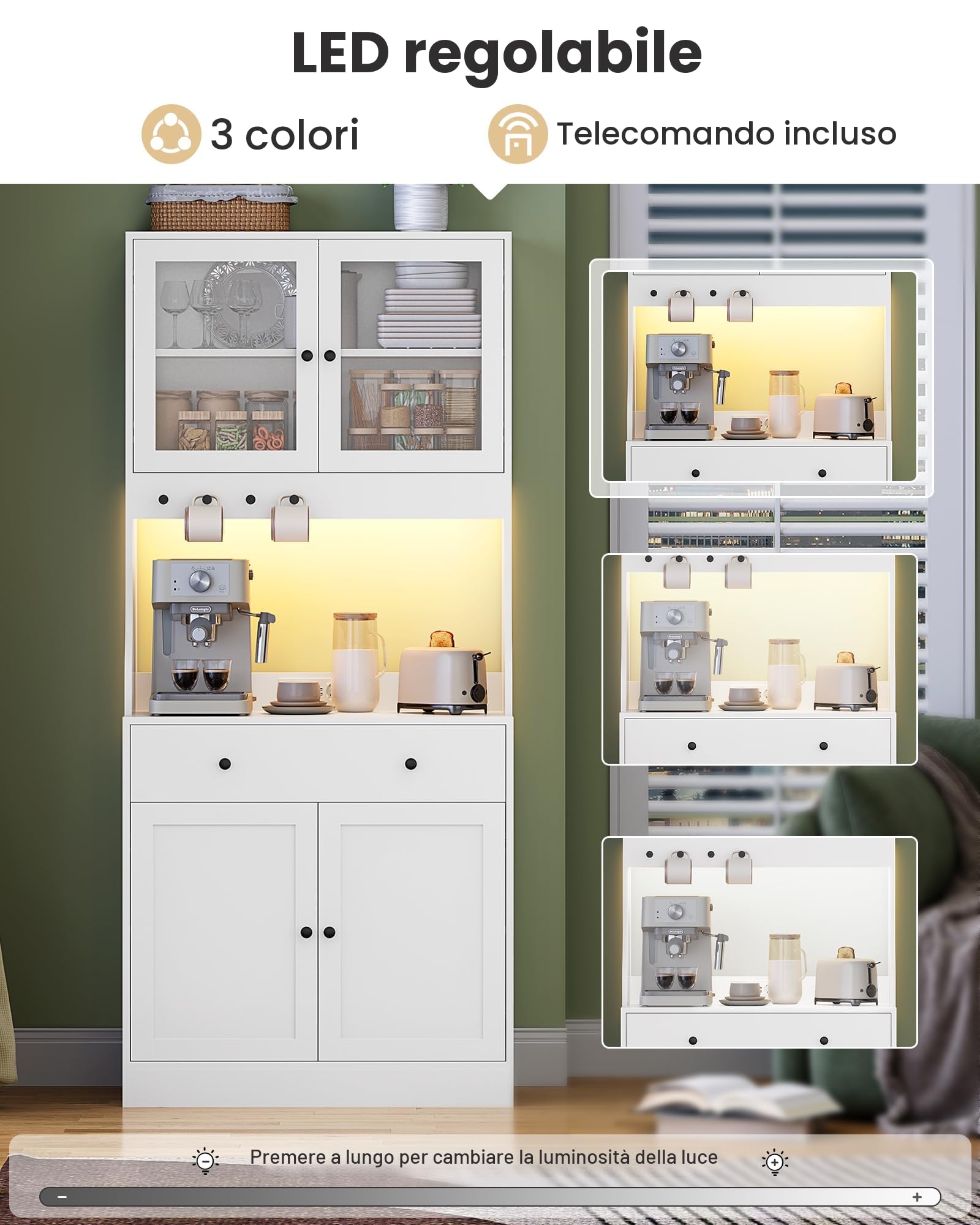 KIMENICH Credenza, Credenza Cucina con LED, Presa Elettrica, Ripiani Regolabili, Mobile Buffet con Cassetti, Armadio da cucina, Piano di Lavoro, Cucina, Sala da Pranzo, 80 * 40 * 180 cm, Bianca
