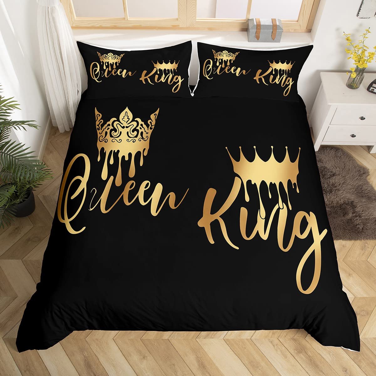 Housse de couette couronne Super King Size parure de lit 3 pièces gris or et noir Homemissing