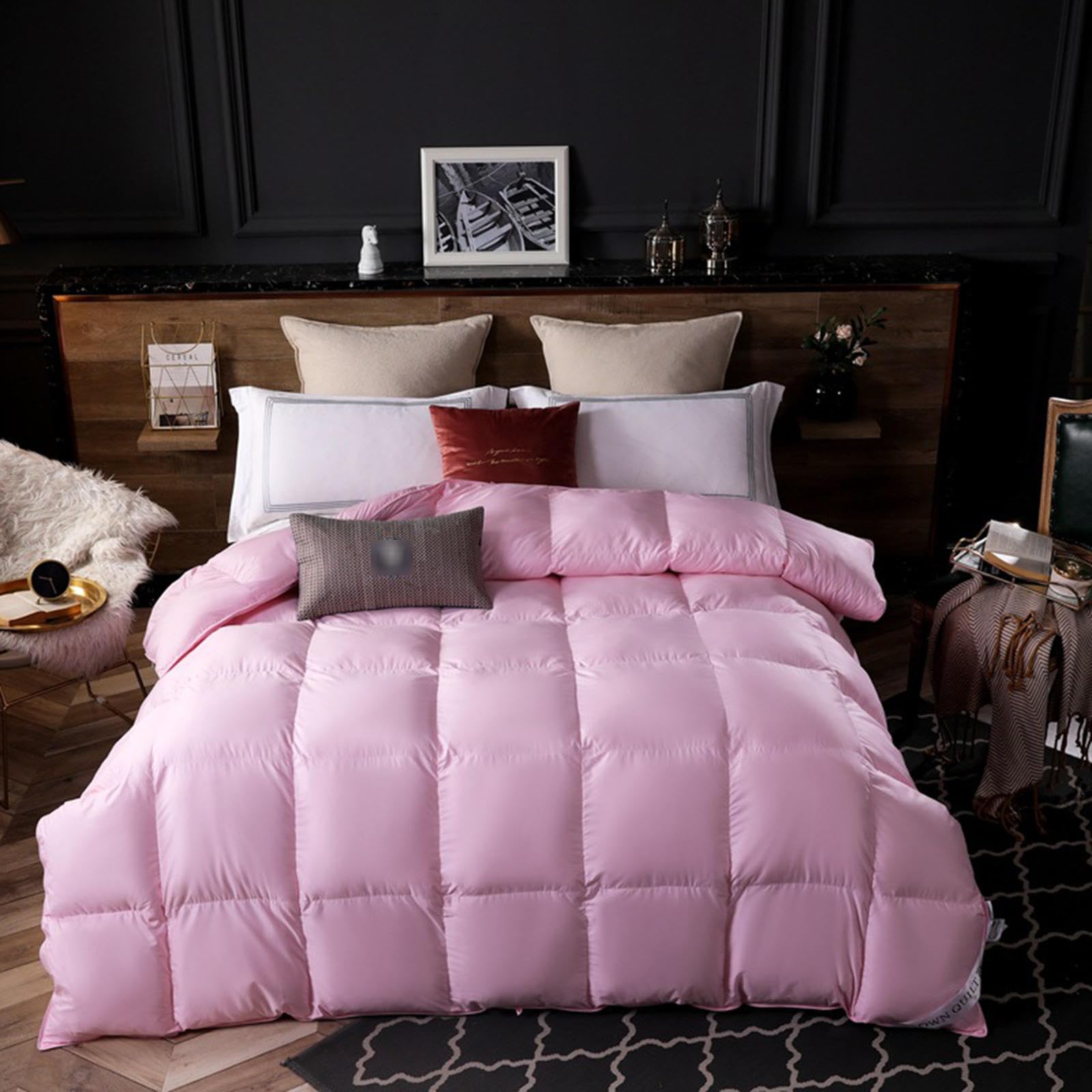 CCXXYGWJ Luxuriöse Gänsefeder-Daunendecke, Queen-Size-Größe, Flauschige Ganzjahres-Bettdecke, 700-Füllkraft-Hotelbettdecke, leichte, Flauschige, wärmende Daunendecke mit 8 Laschen, Pink-180 x 220 cm