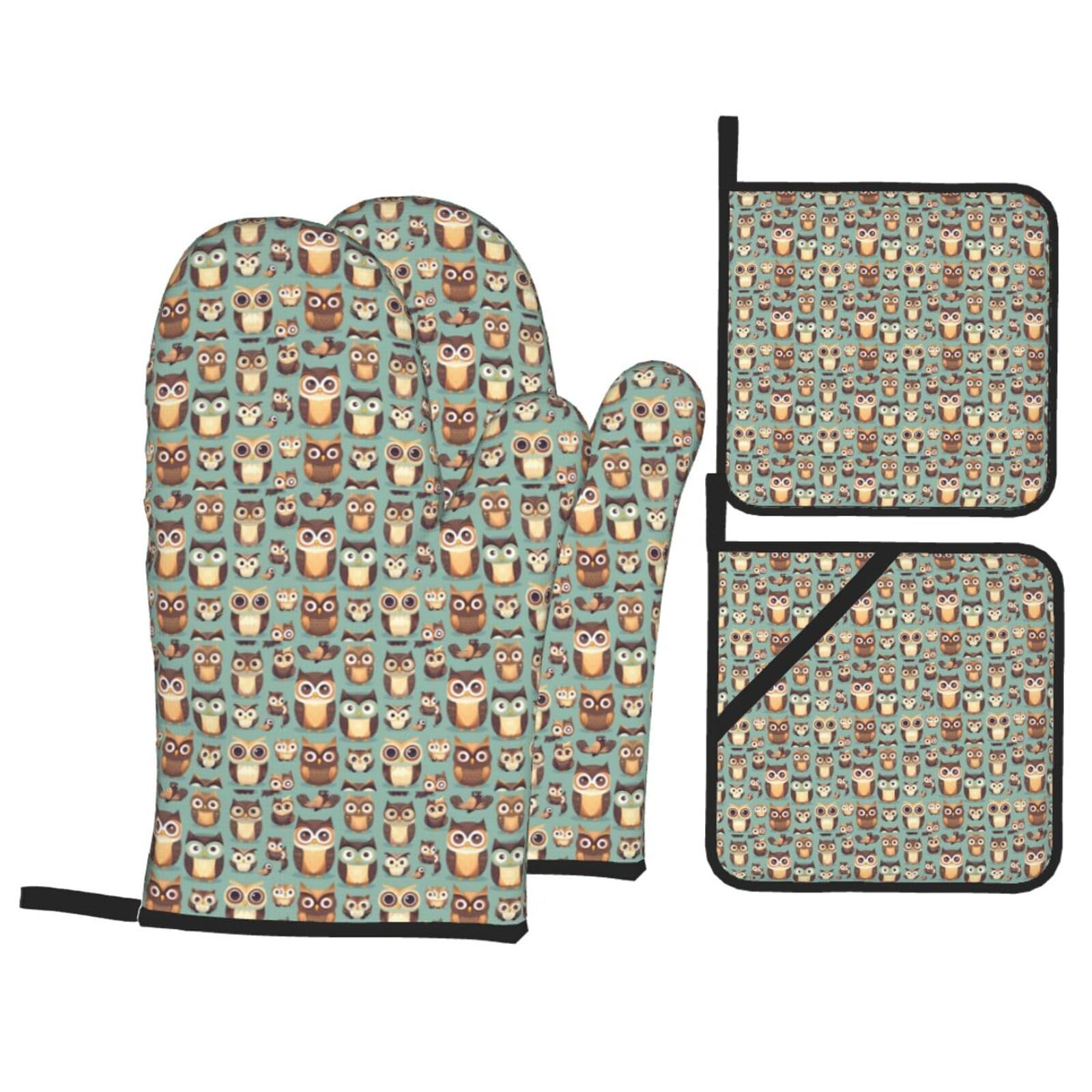 Animal Cartoon Owls Cute Print 4-Piece Oven Microwaving Set Waterproof Kitchen Gloves for Baking Grilling Cooking