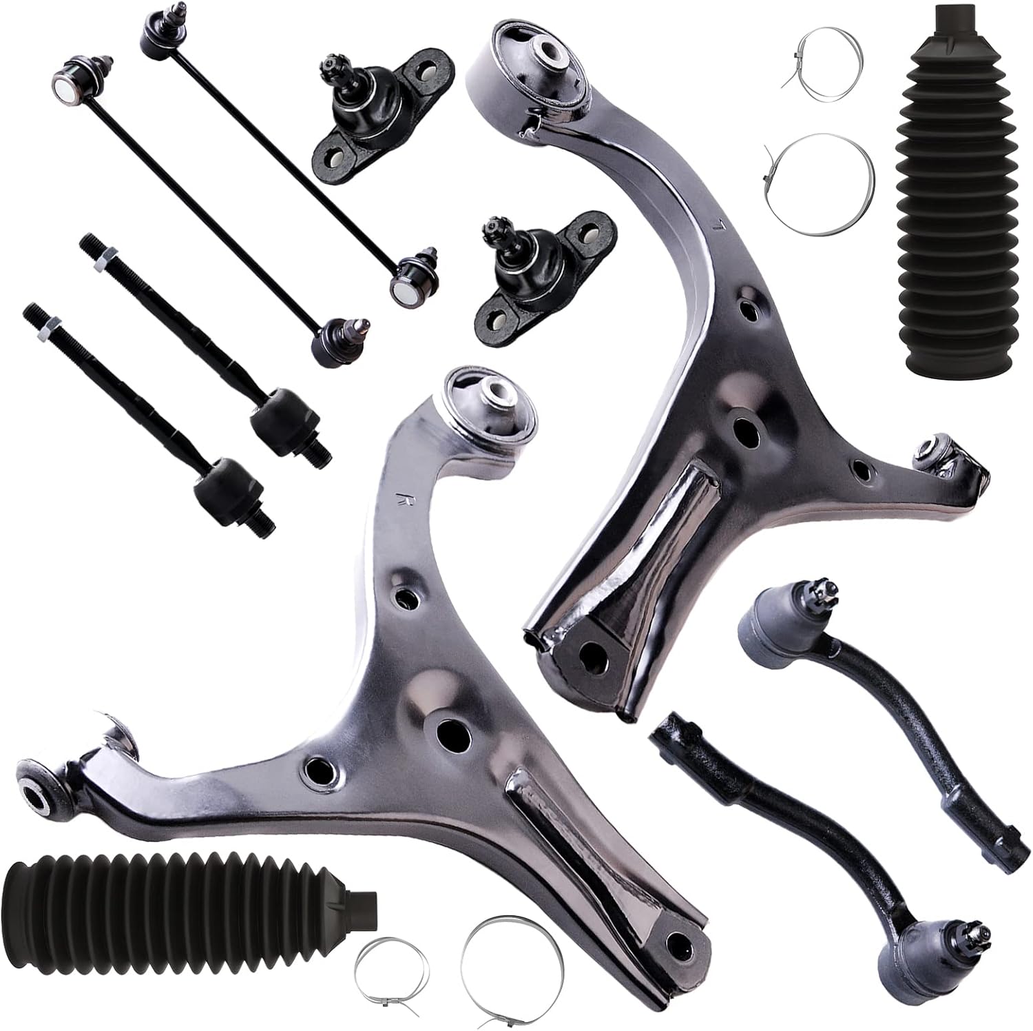 12pcs Set Front Suspension Kit Lower Control Arm Inner Tie Rod End Outer Tie Rod End Sway Bar End Link Lower Ball Joint Steering Rack Boot Replacement For Hyundai Accent
