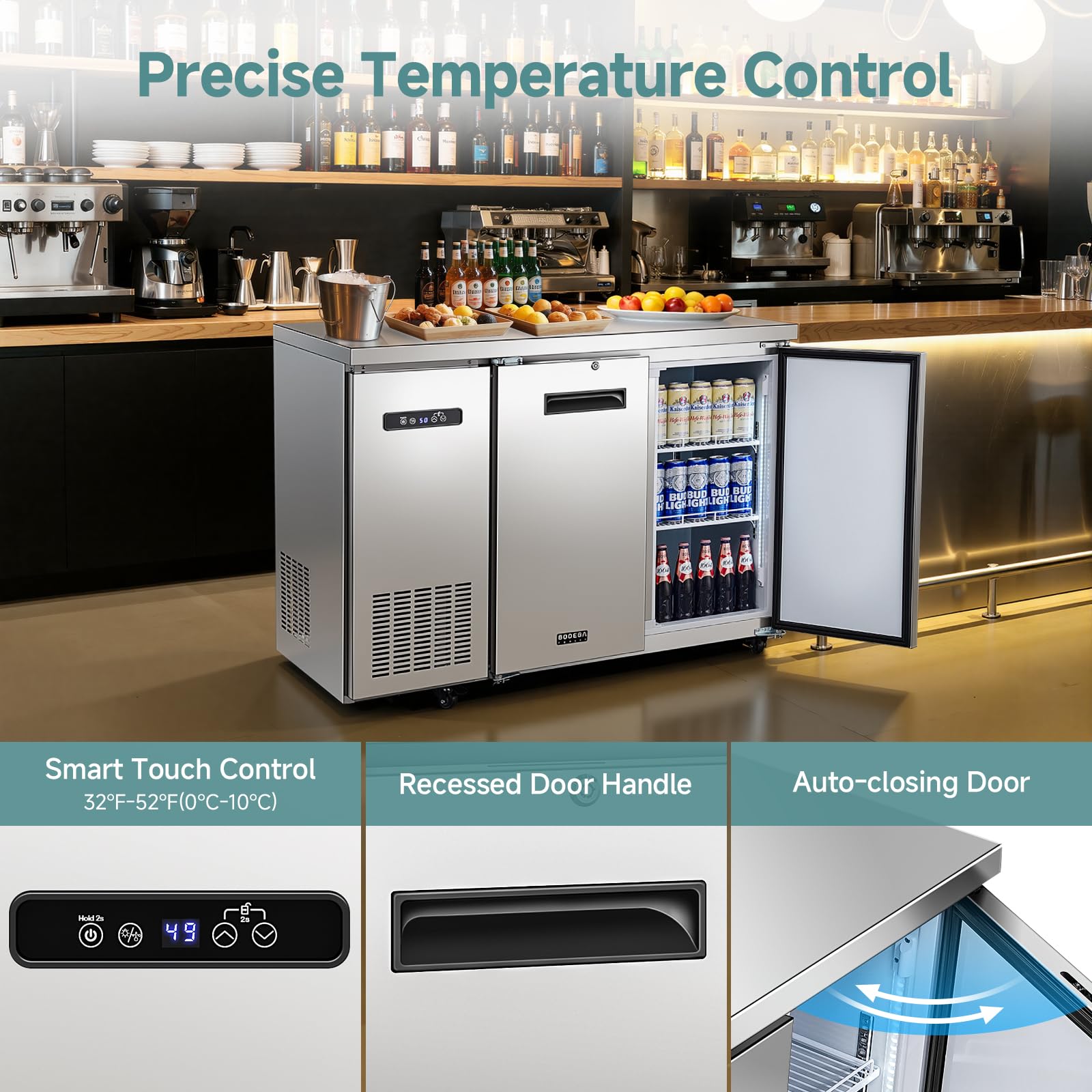 BODEGA Bodegacooler Commercial Back Bar Cooler With 2 Solid Doors,12 Cu.Ft Stainless Steel Commercial Counter Height Bar Refrigerator,Display Drink Beverage Beer Fridge LED Light,Sus304 Top,4 Casters on Fridge.com - View 4