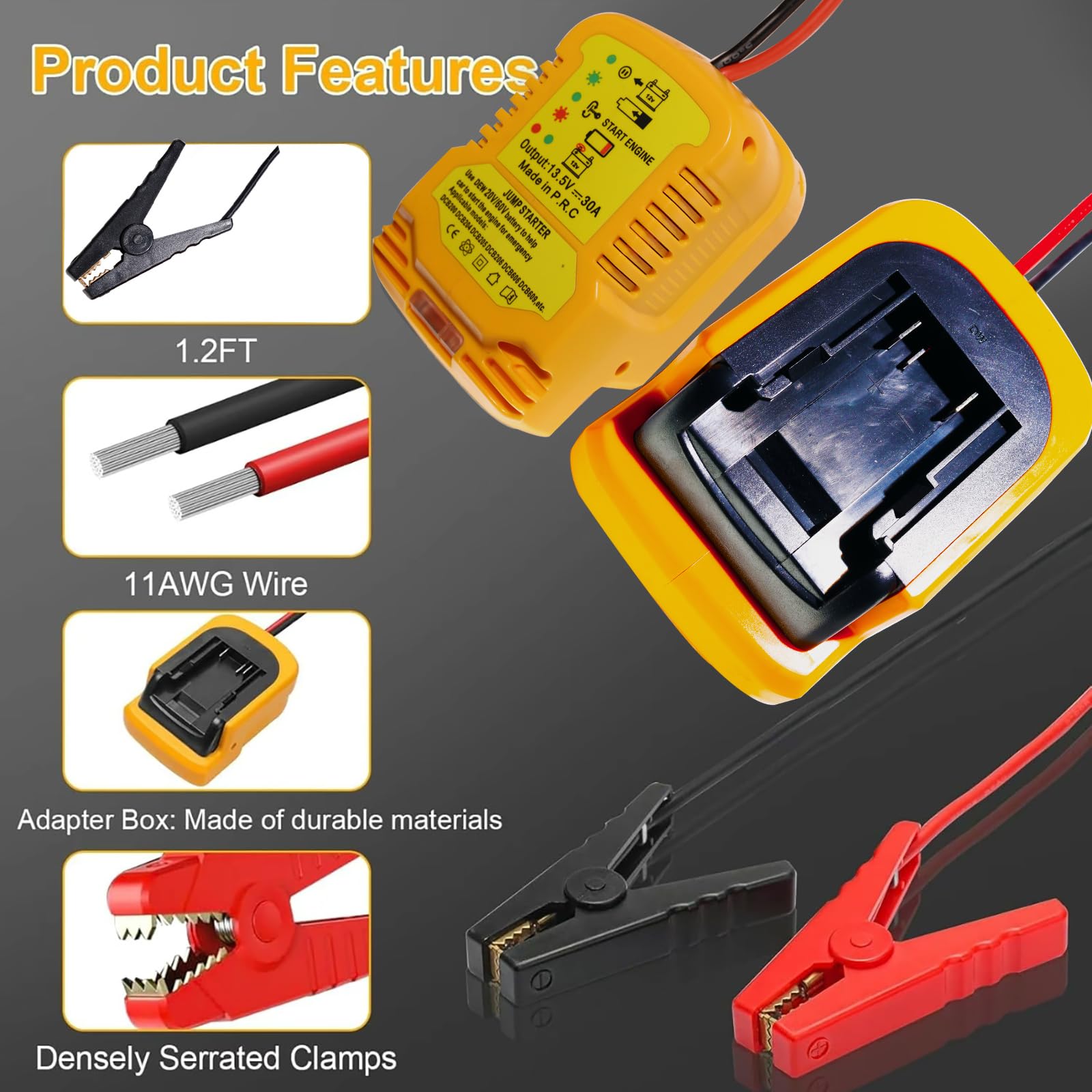 Jumper Starter Adapter for DeWalt 20V 60V Battery, Car Battery Jump Cables, Jumper Cables 11AWG 1.2FT Automotive Booster Cable for Jump Starting Car Using Tool Battery (Battery not Included)
