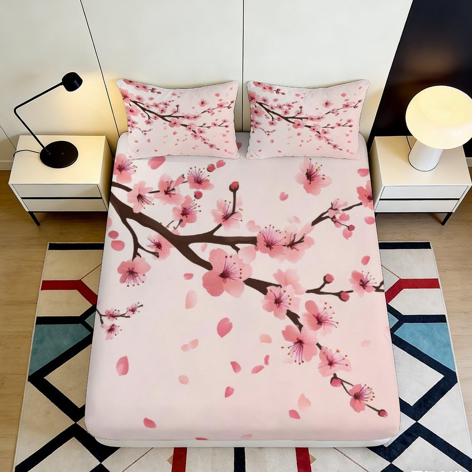 3D Printed Pink Cherry Blossom Fitted Sheet Microfiber Soft Floral Plum Mattress Cover for Bedroom Decor 90x200x25cm