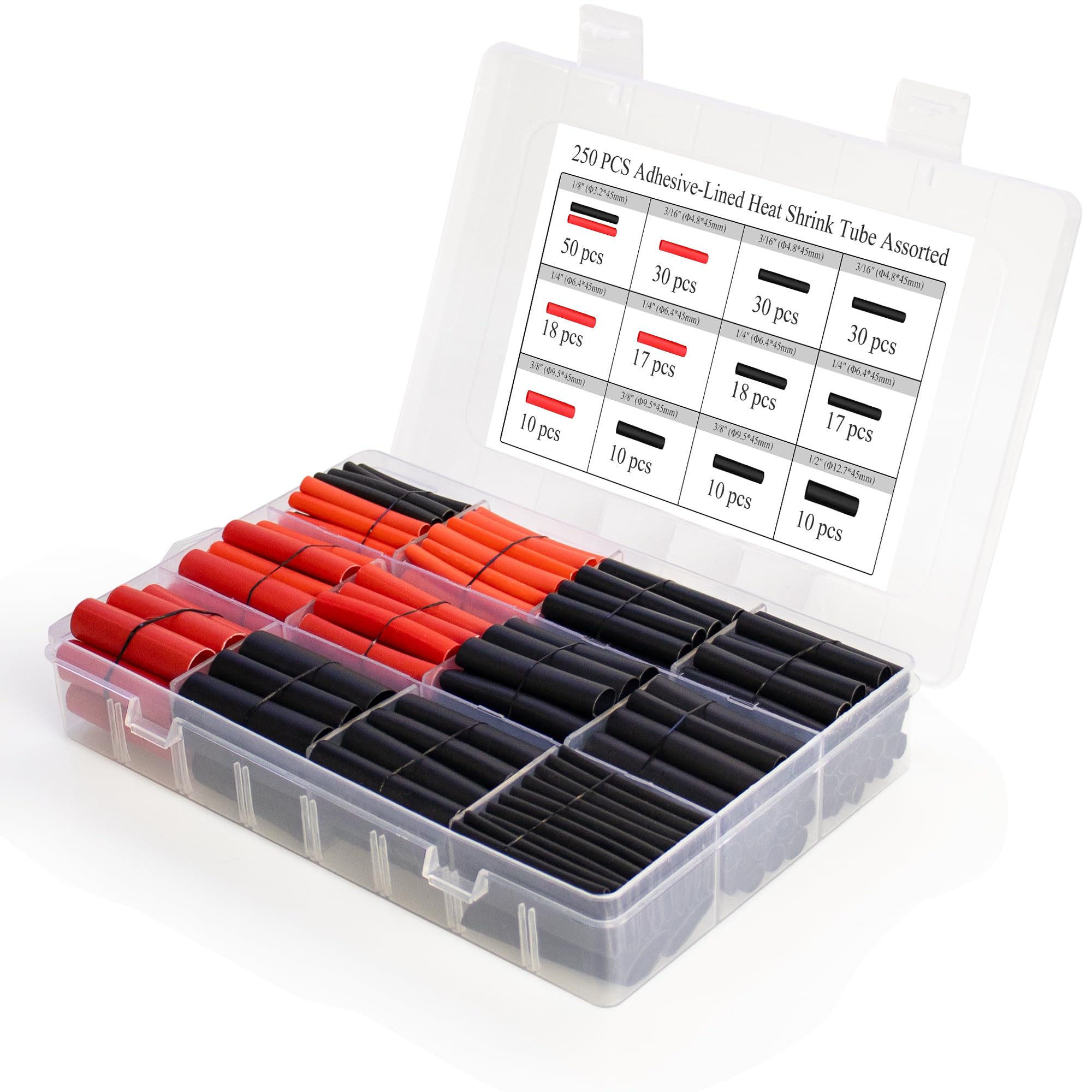 Berkebun3:1 Ratio Heat Shrink Tubing with Adhesive Lined, 250pcs Industrial Heat Shrink Tube Kit, Marine Grade Wire Shrink Wrap, 5 Sizes (3.2/4.8/6.4/9.5/12.7 mm), 45mm Length, Waterproof