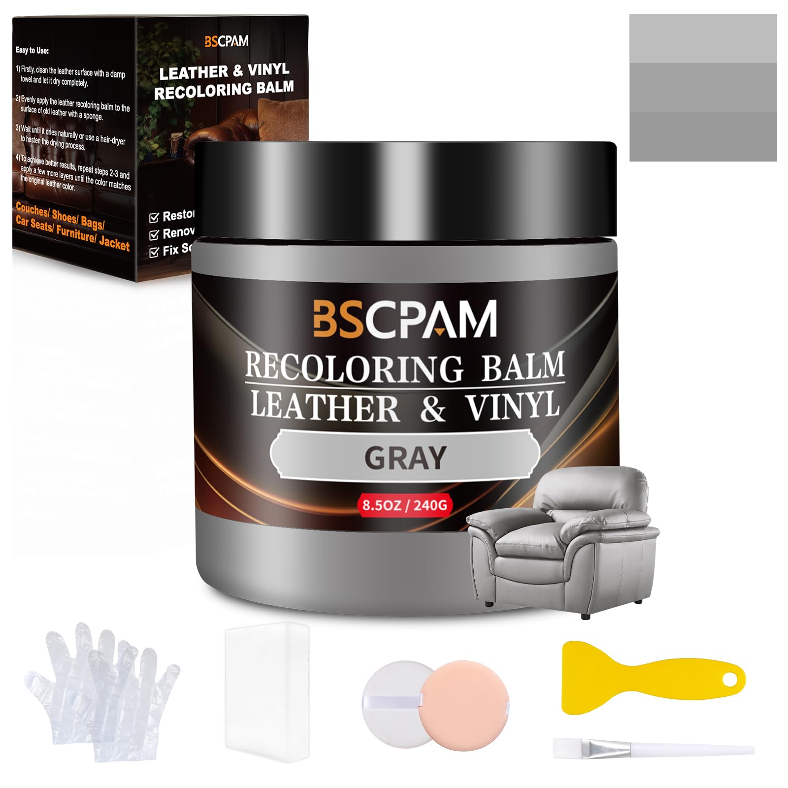 BSCPAM Gray Leather Recoloring Balm,Leather Couch Scratch/Stain Remover,Leather Repair kit for Vinyl Furniture and Car Interior,Leather Dye Paint for Scratched and Faded Leather Couches