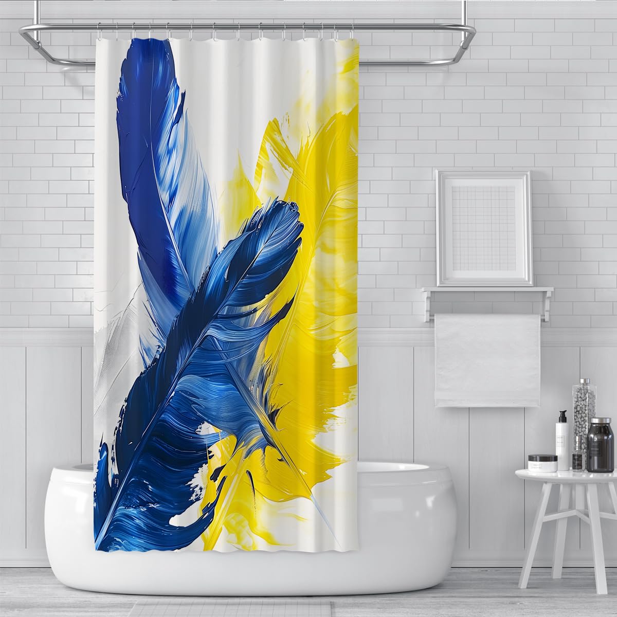 Rideau de douche salle de bain motif plumes bleu jaune W240xL180 cm
